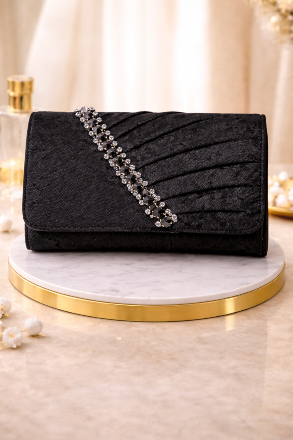 Women Black Embellished Pleated Party Clutch