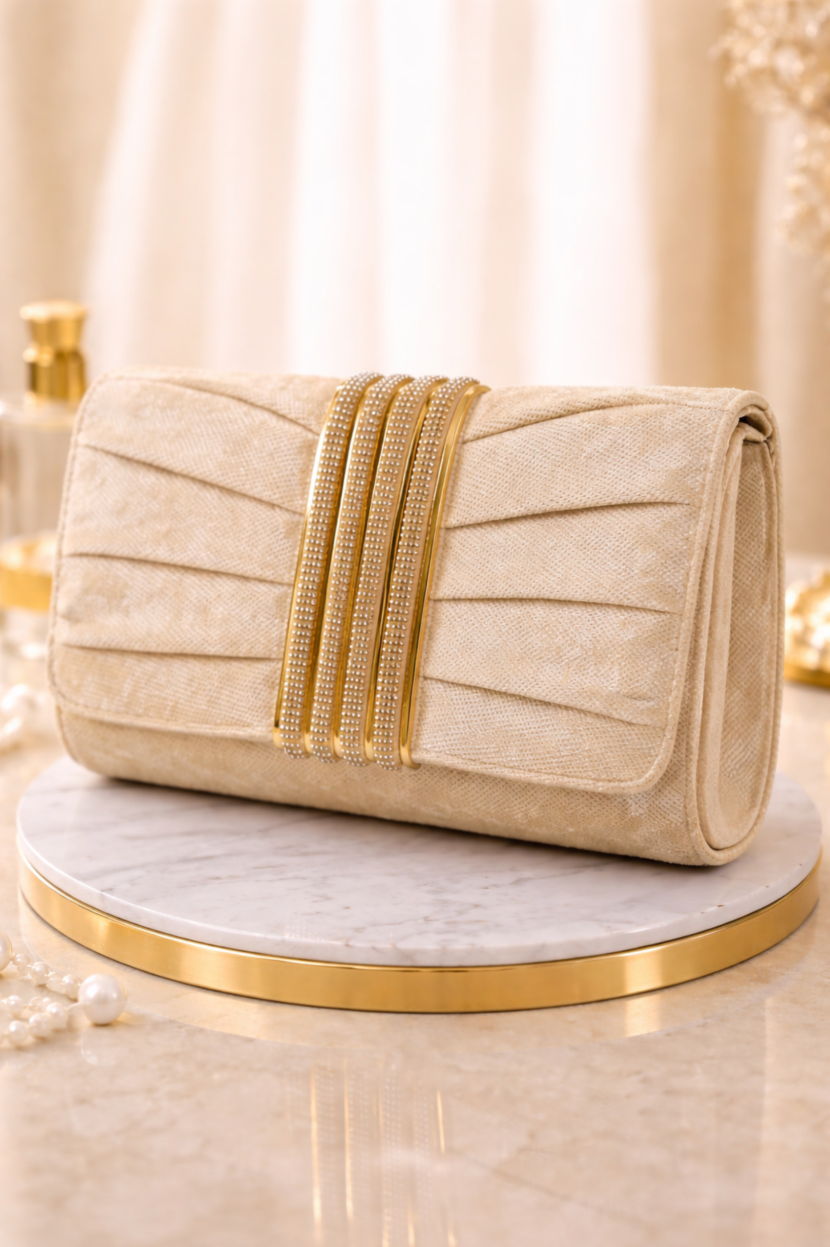 Women Champagne Beige Pleated Envelope Clutch