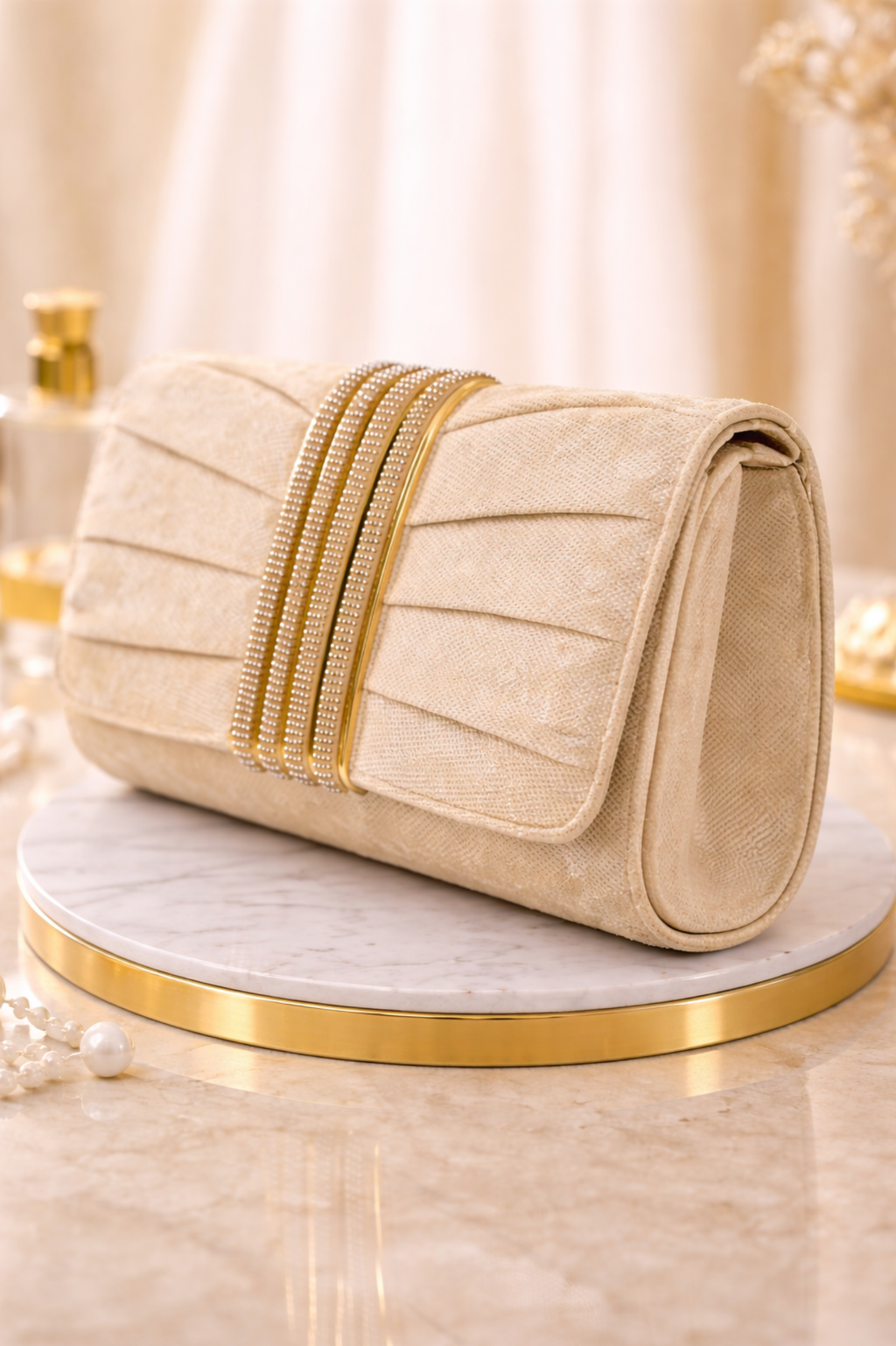 Women Champagne Beige Pleated Envelope Clutch