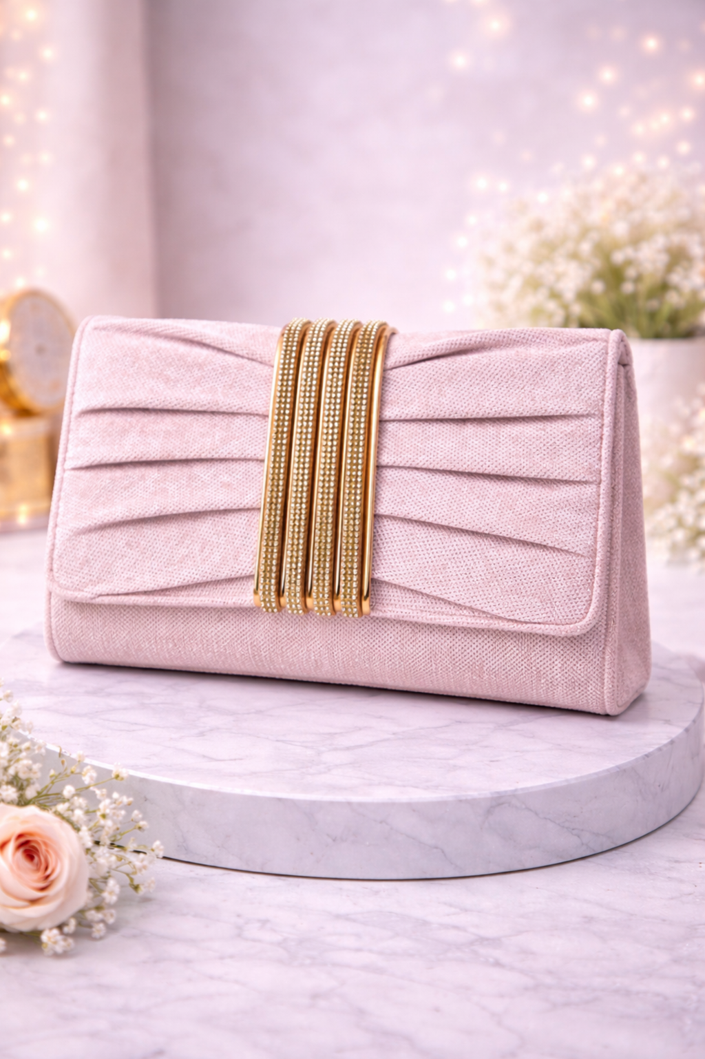 Women Blush Pink Embellished Pleated Party Clutch with Gold Accent