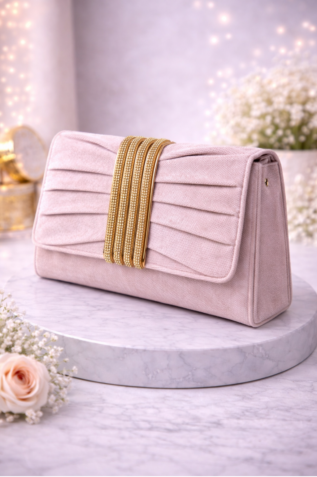 Women Blush Pink Embellished Pleated Party Clutch with Gold Accent