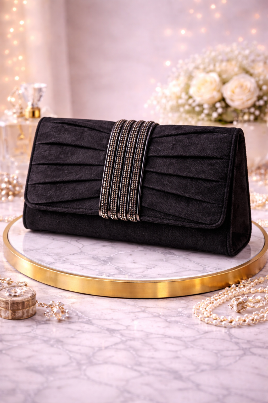 Women Black Embellished Pleated Party Clutch with Stone Accent