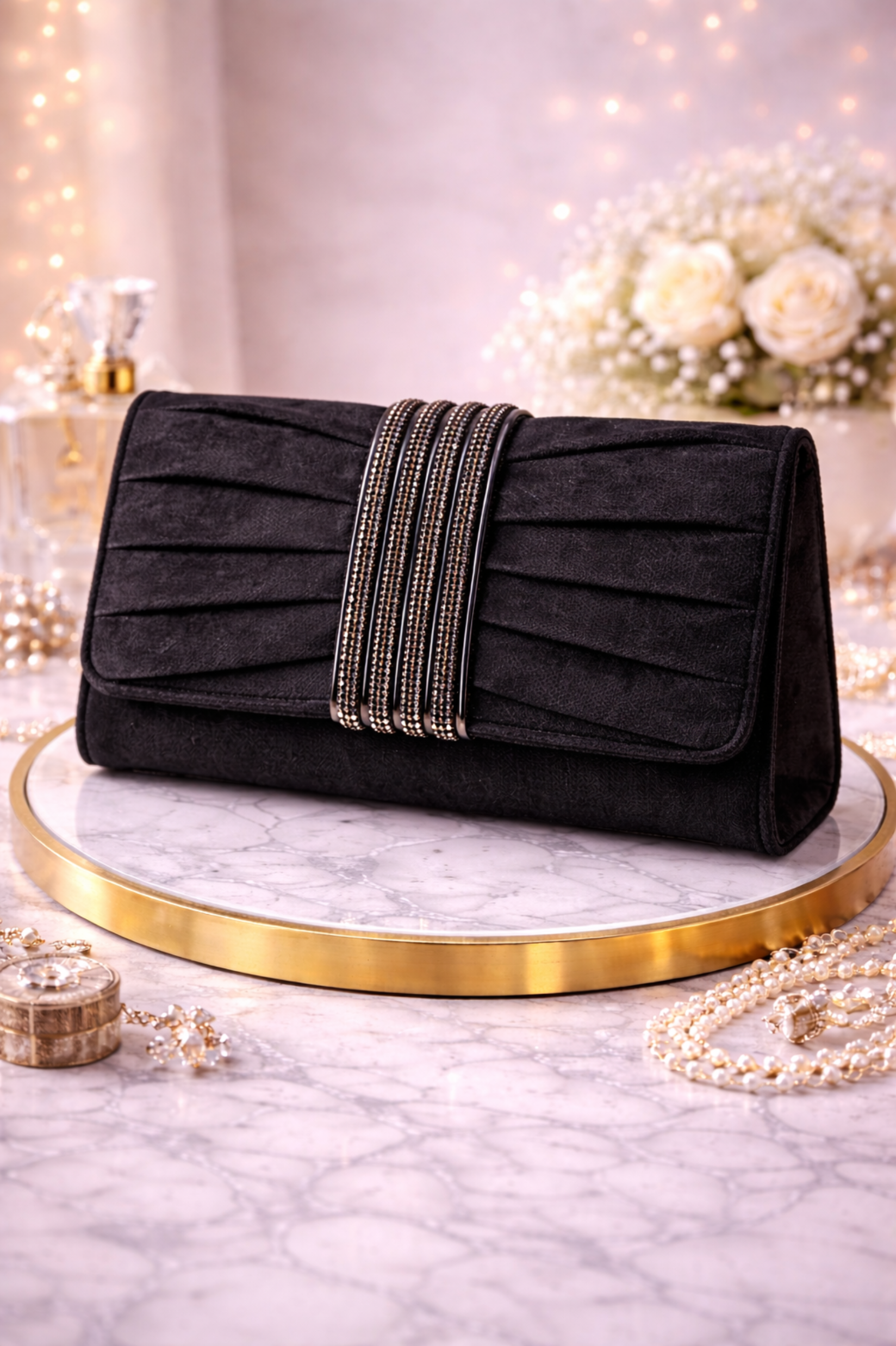 Women Black Embellished Pleated Party Clutch with Stone Accent
