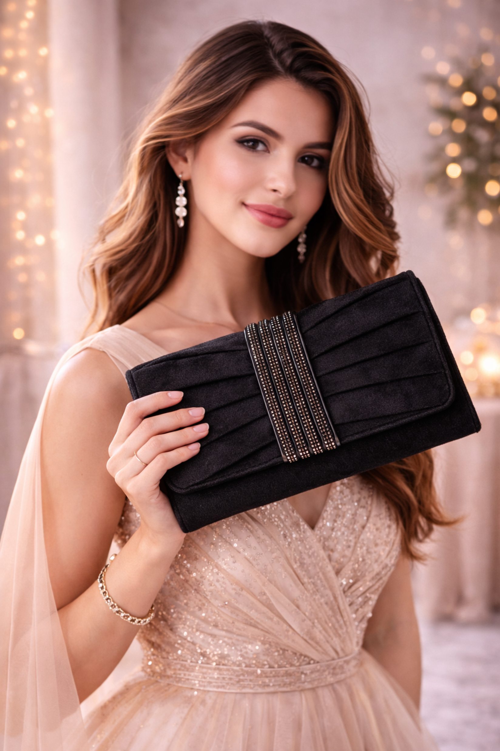 Women Black Embellished Pleated Party Clutch with Stone Accent