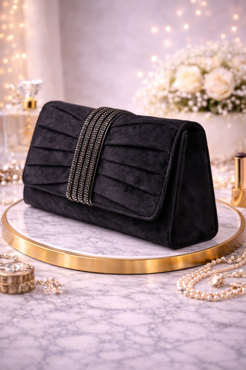 Women Black Embellished Pleated Party Clutch with Stone Accent