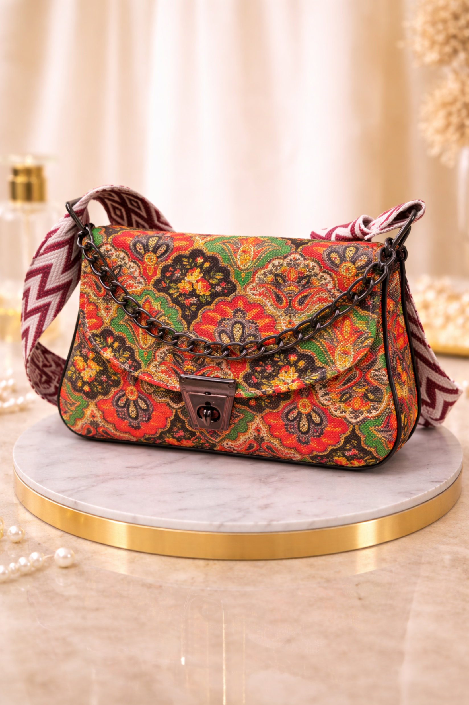 Women Multicoloured Floral Printed Sling Bag with Chain Strap