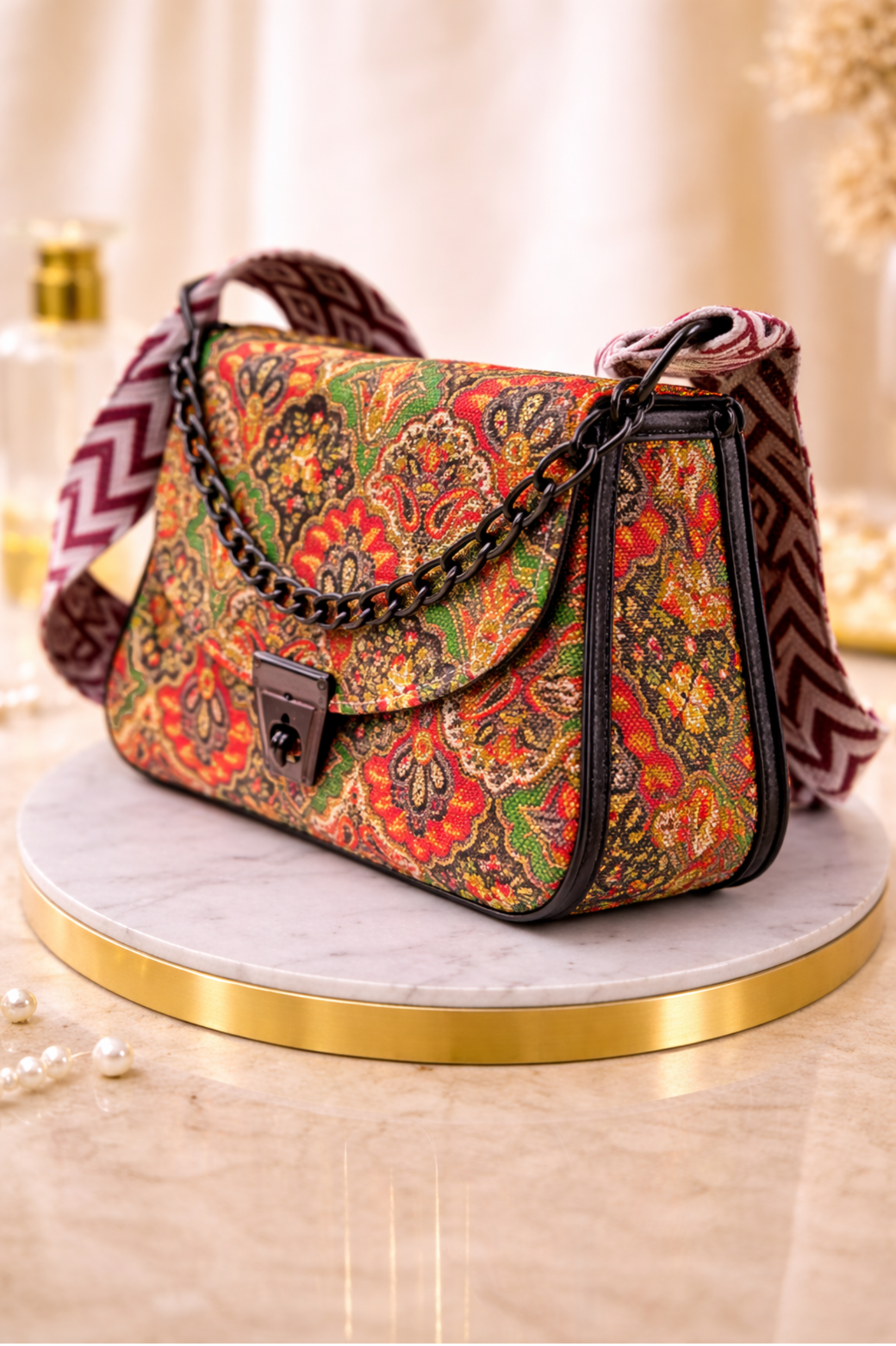 Women Multicoloured Floral Printed Sling Bag with Chain Strap