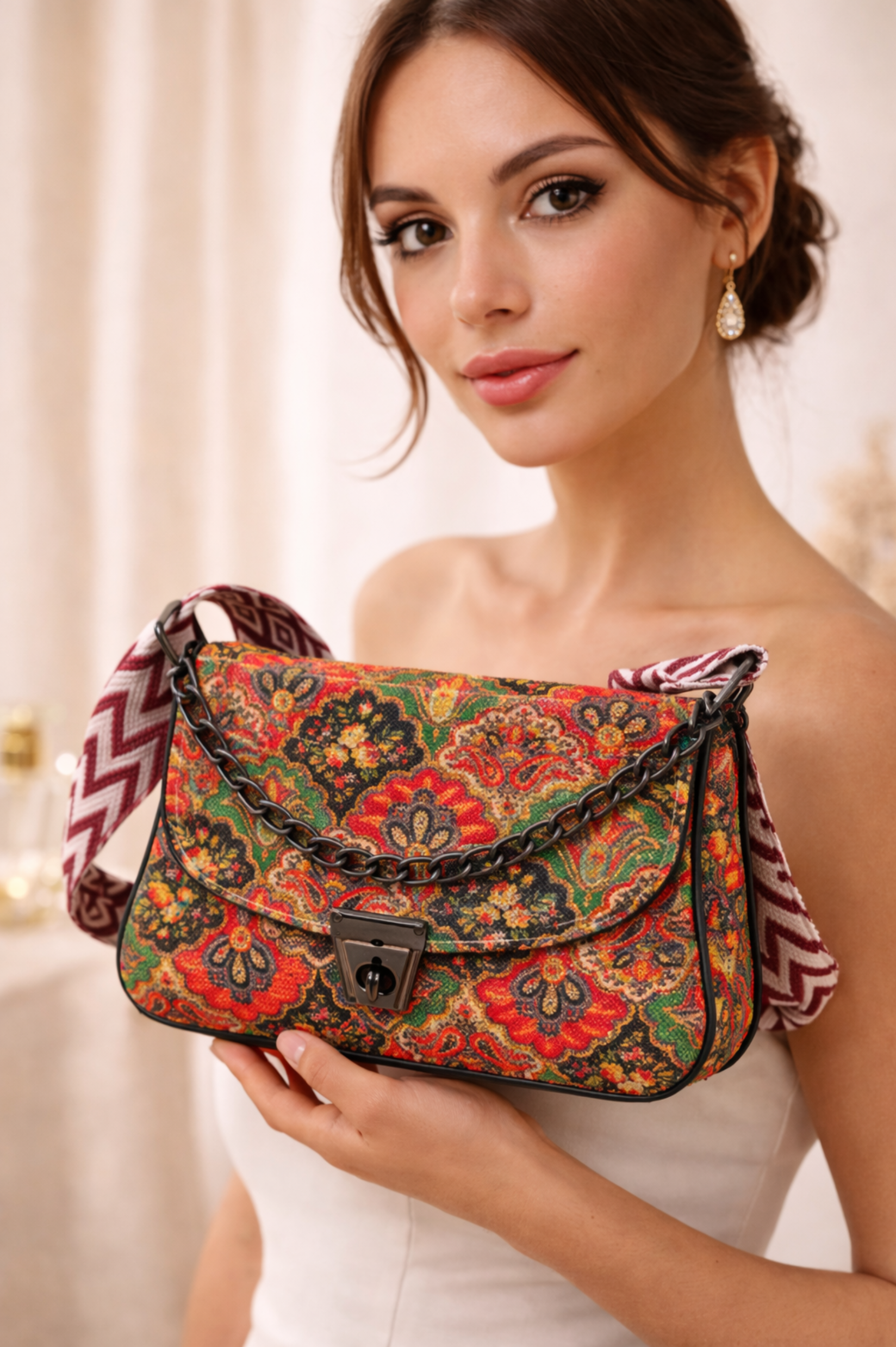 Women Multicoloured Floral Printed Sling Bag with Chain Strap