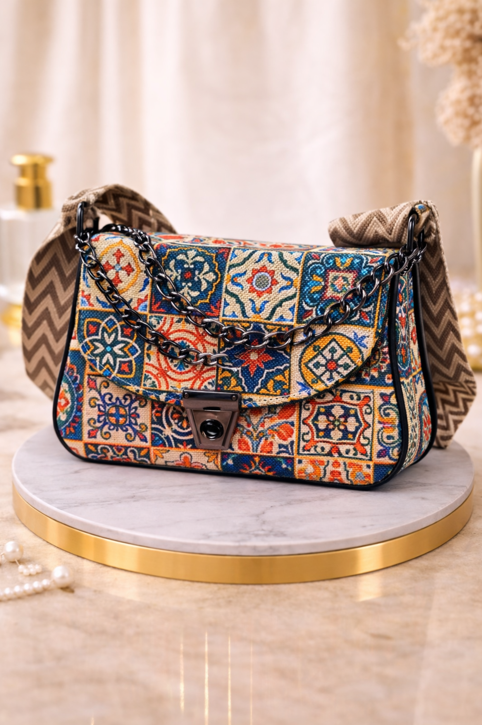 Women Multicoloured Geometric Printed Sling Bag with Chain Strap