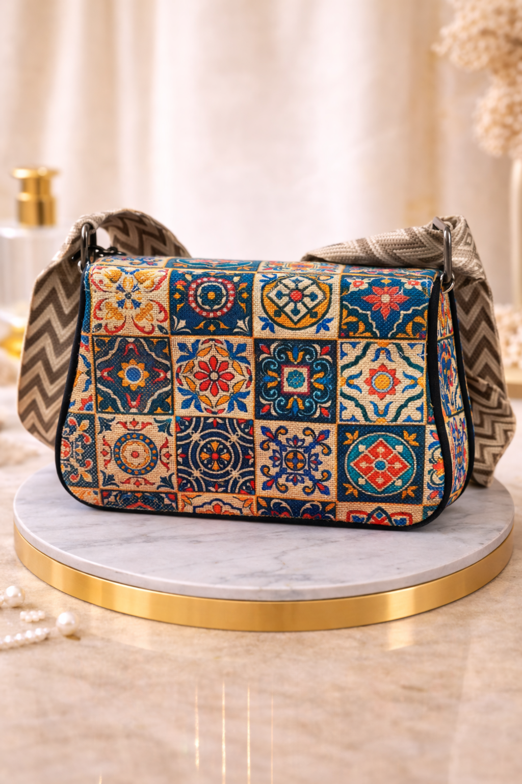 Women Multicoloured Geometric Printed Sling Bag with Chain Strap