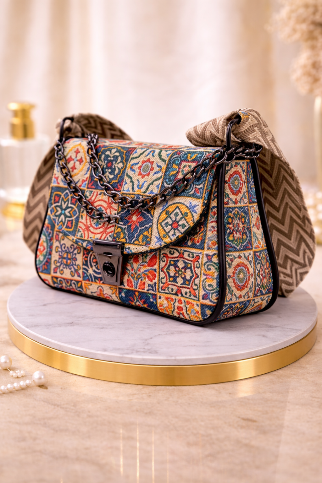 Women Multicoloured Geometric Printed Sling Bag with Chain Strap