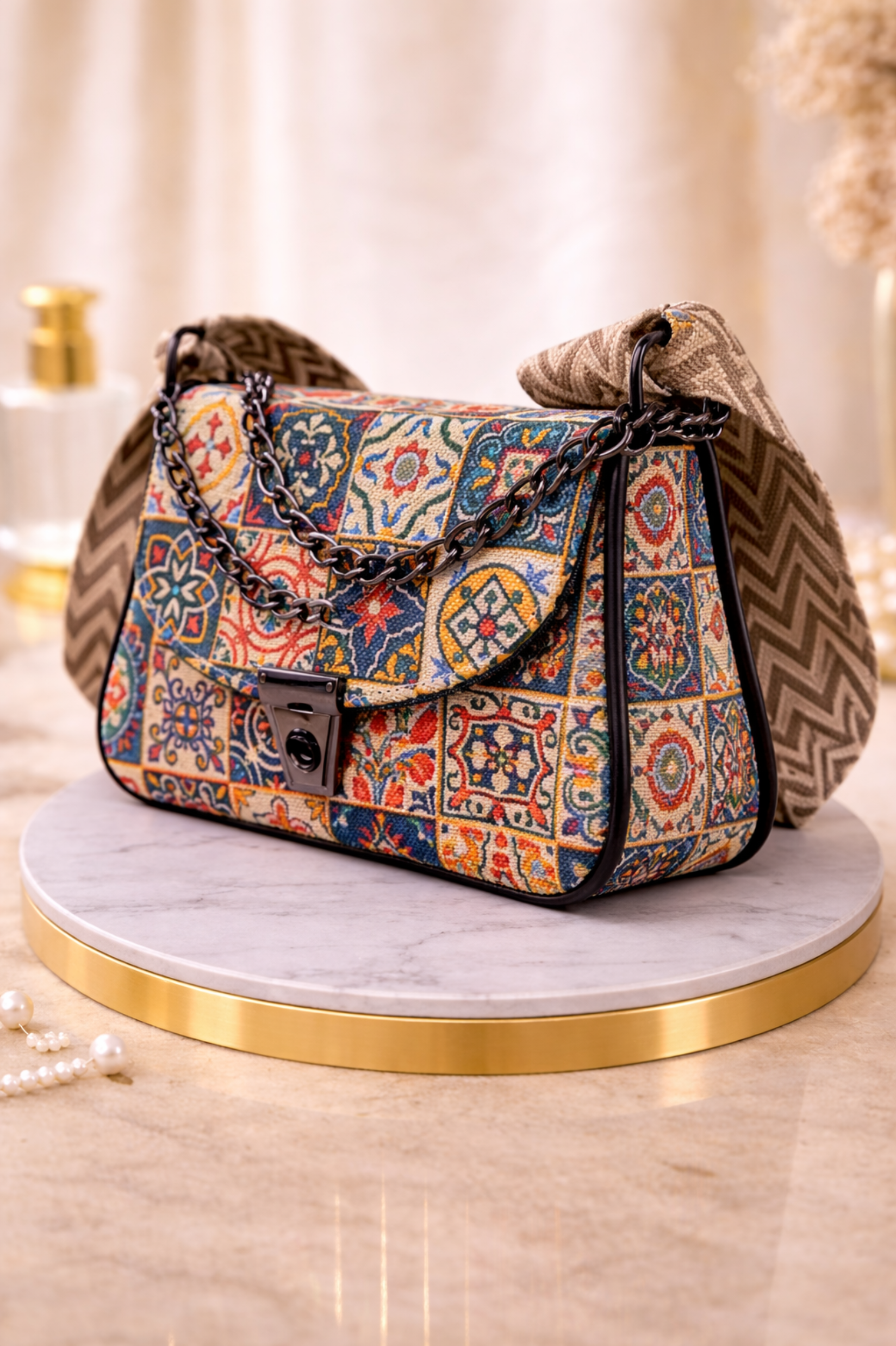 Women Multicoloured Geometric Printed Sling Bag with Chain Strap