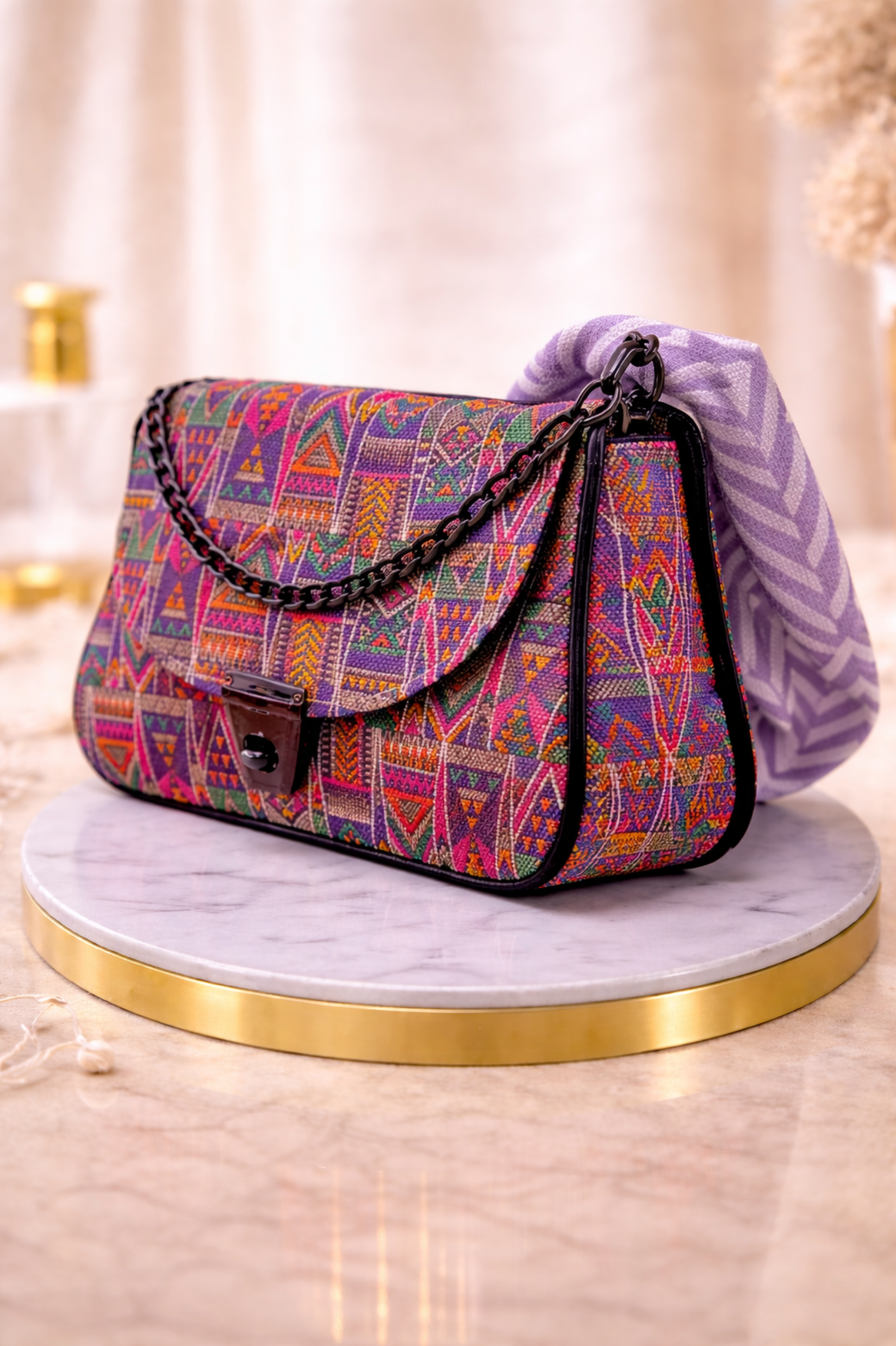 Women Multicoloured Tribal Print Sling Bag with Chain Strap