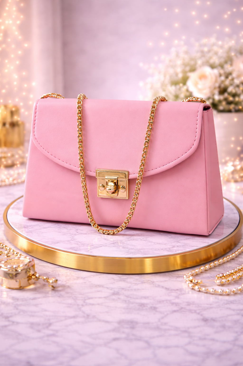 Women Pink Solid Structured Sling Bag with Gold Chain Strap