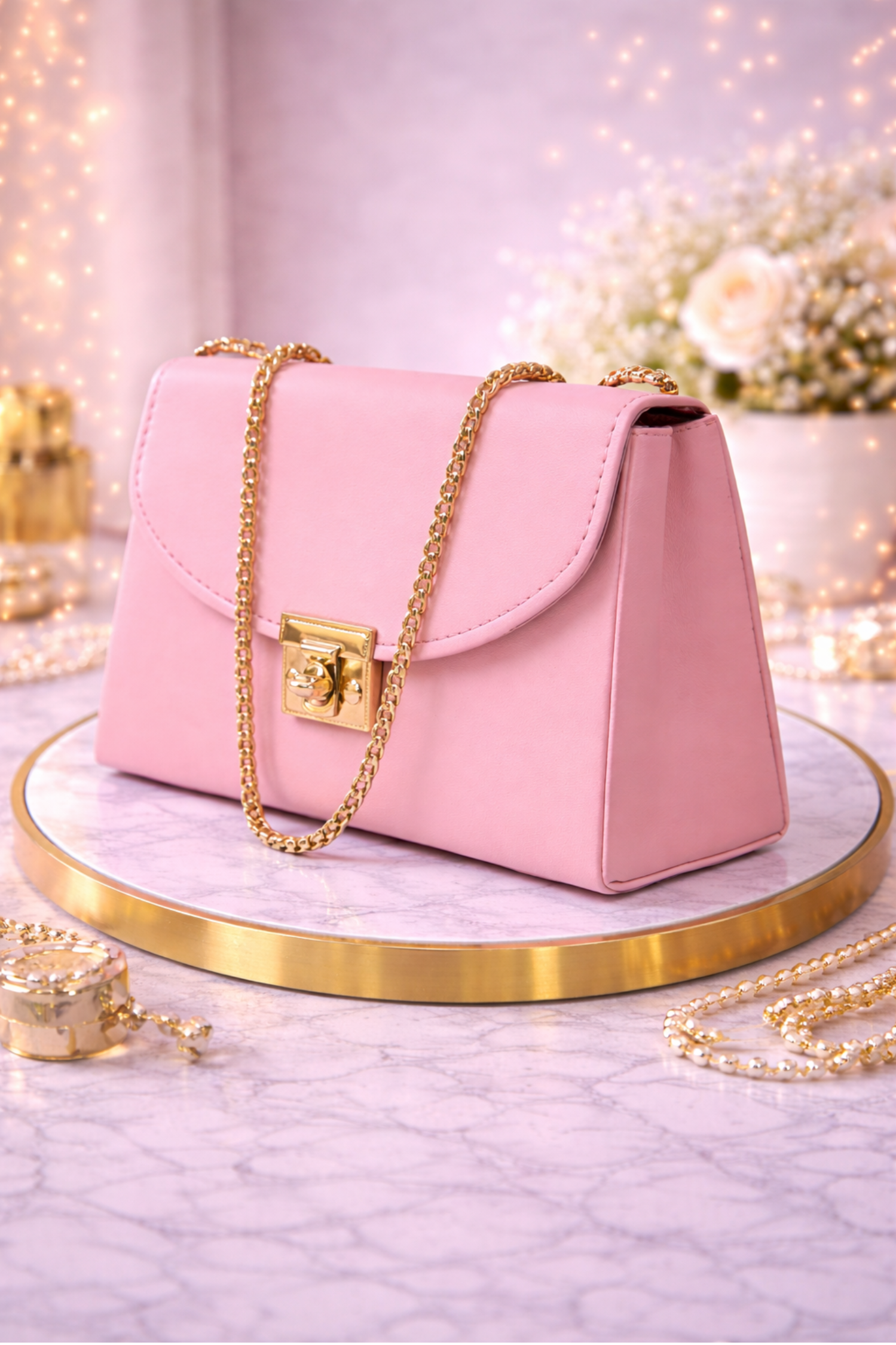 Women Pink Solid Structured Sling Bag with Gold Chain Strap