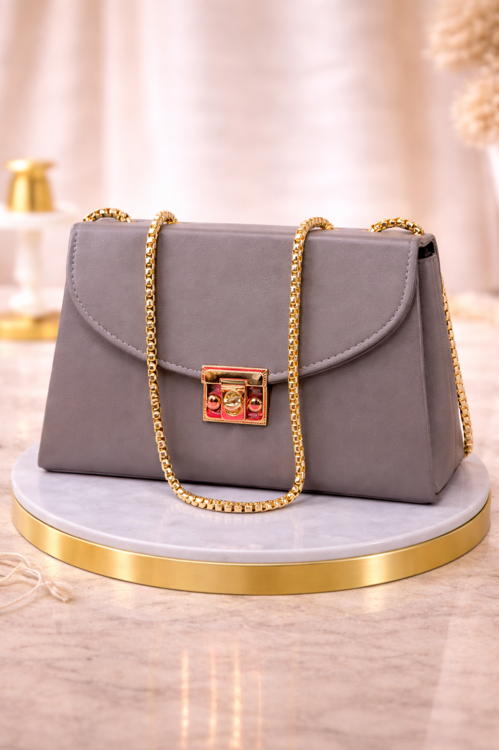 Women Grey Solid Structured Sling Bag with Gold Chain Strap