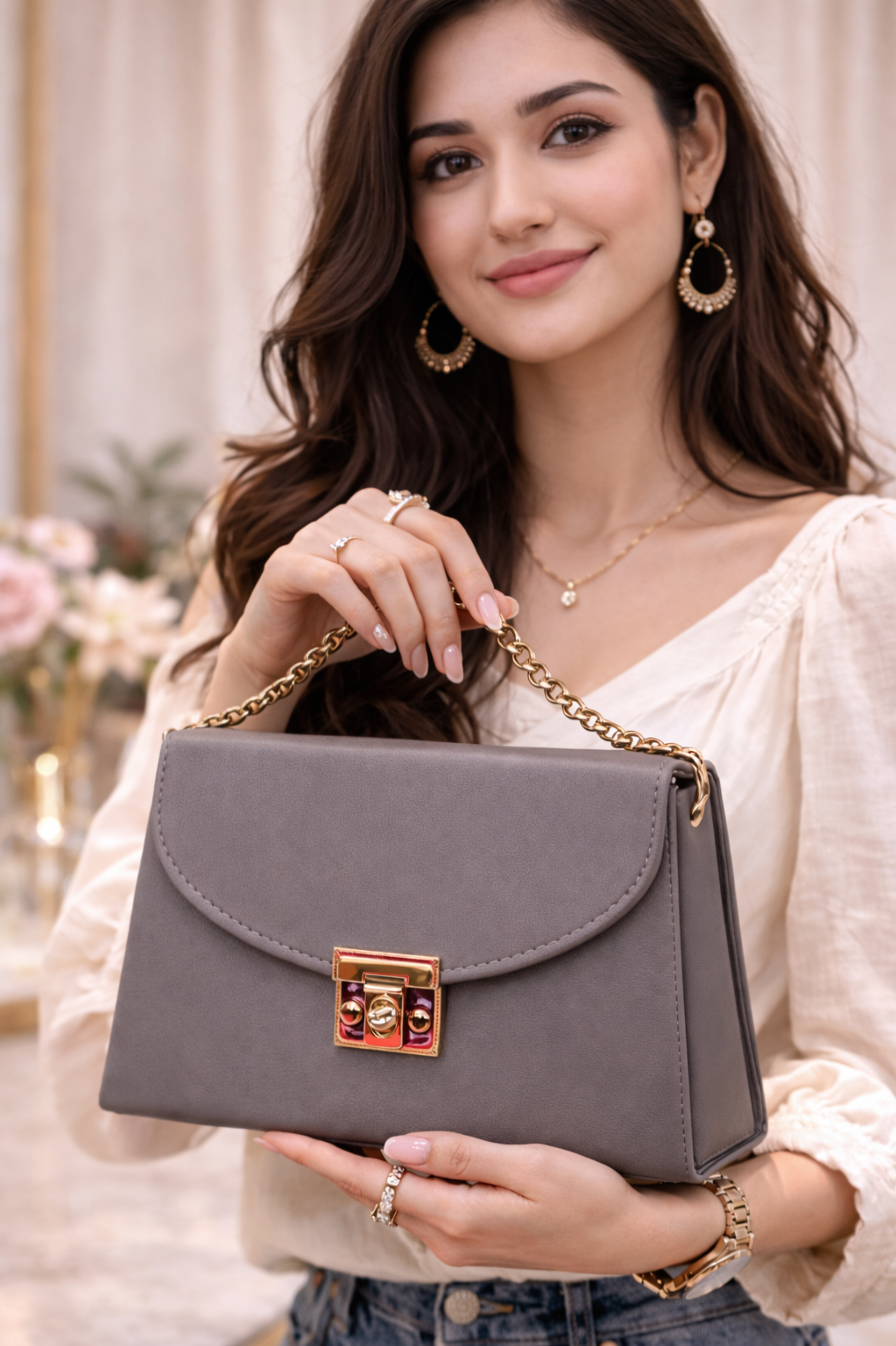 Women Grey Solid Structured Sling Bag with Gold Chain Strap