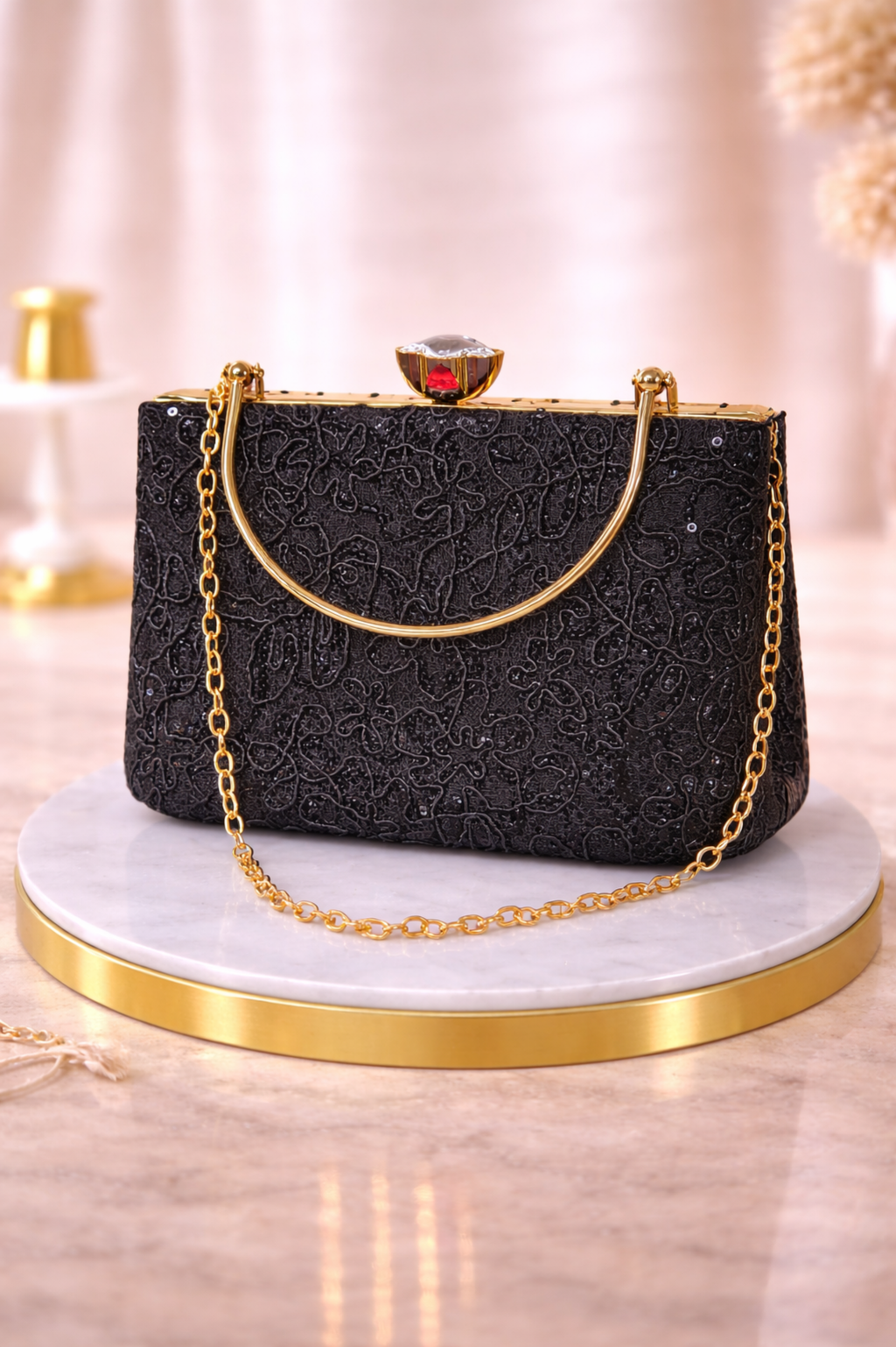 Women Black Embellished Box Clutch with Gold Chain Strap
