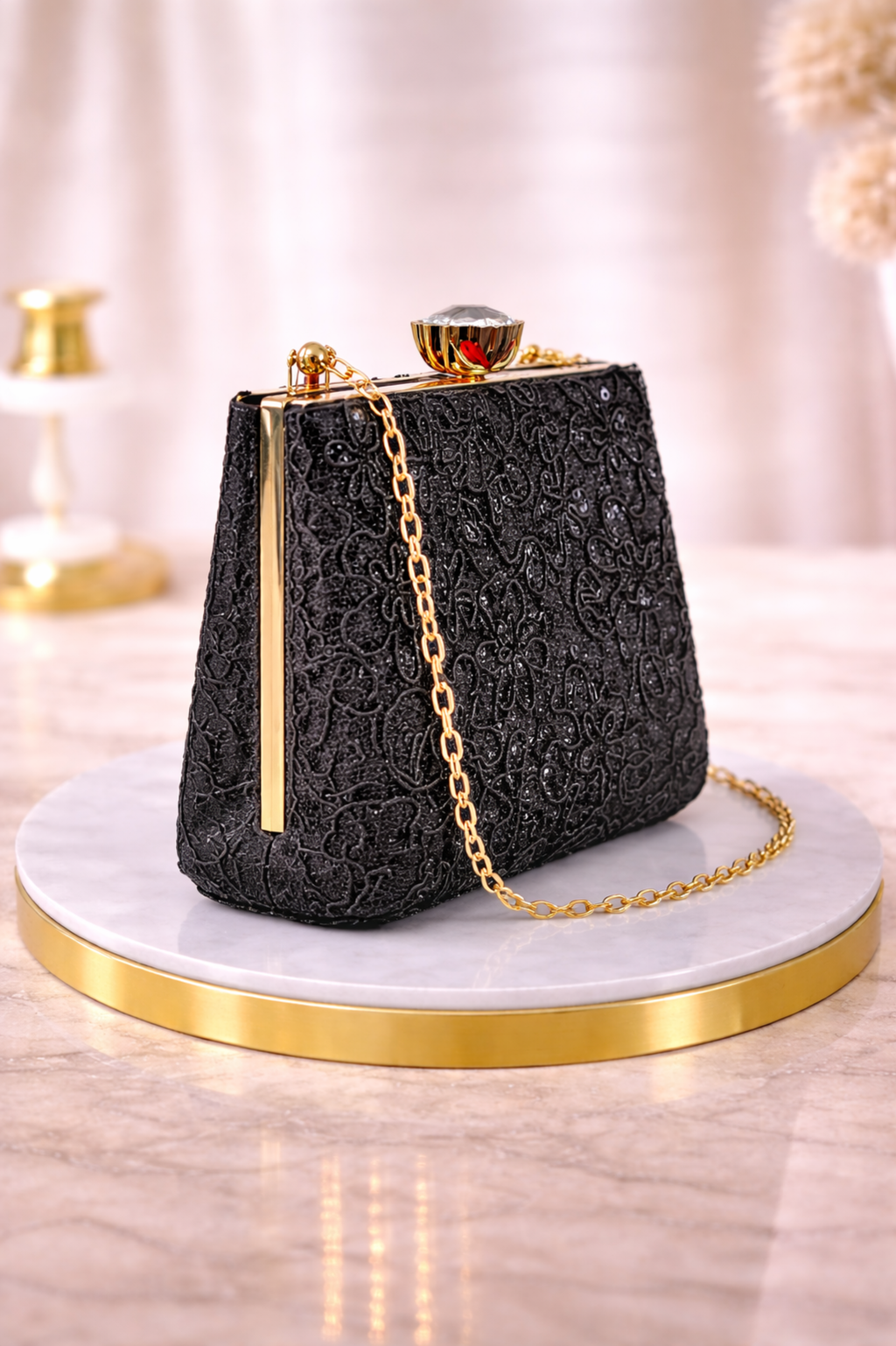 Women Black Embellished Box Clutch with Gold Chain Strap