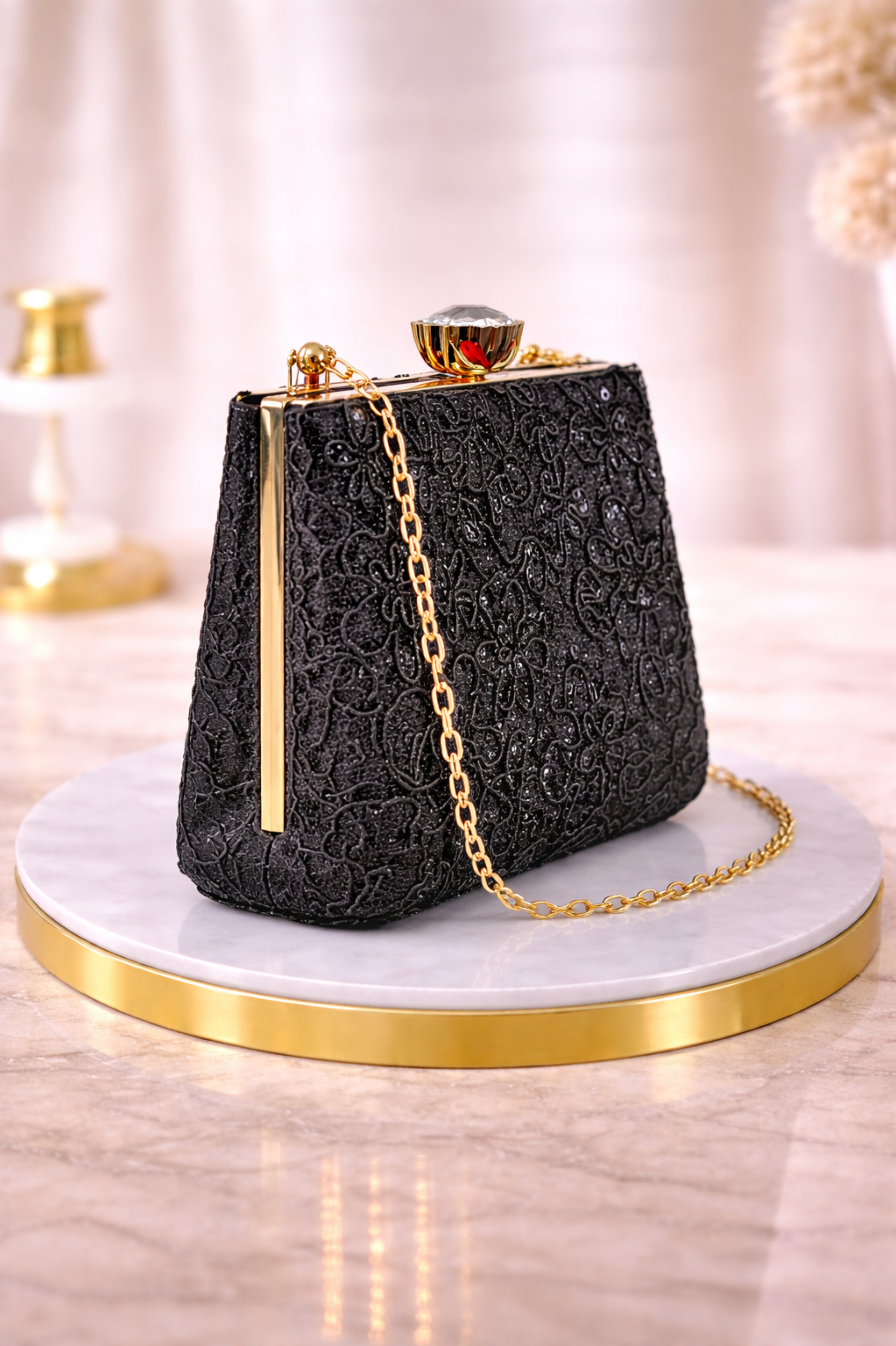 Women Black Embellished Box Clutch with Gold Chain Strap