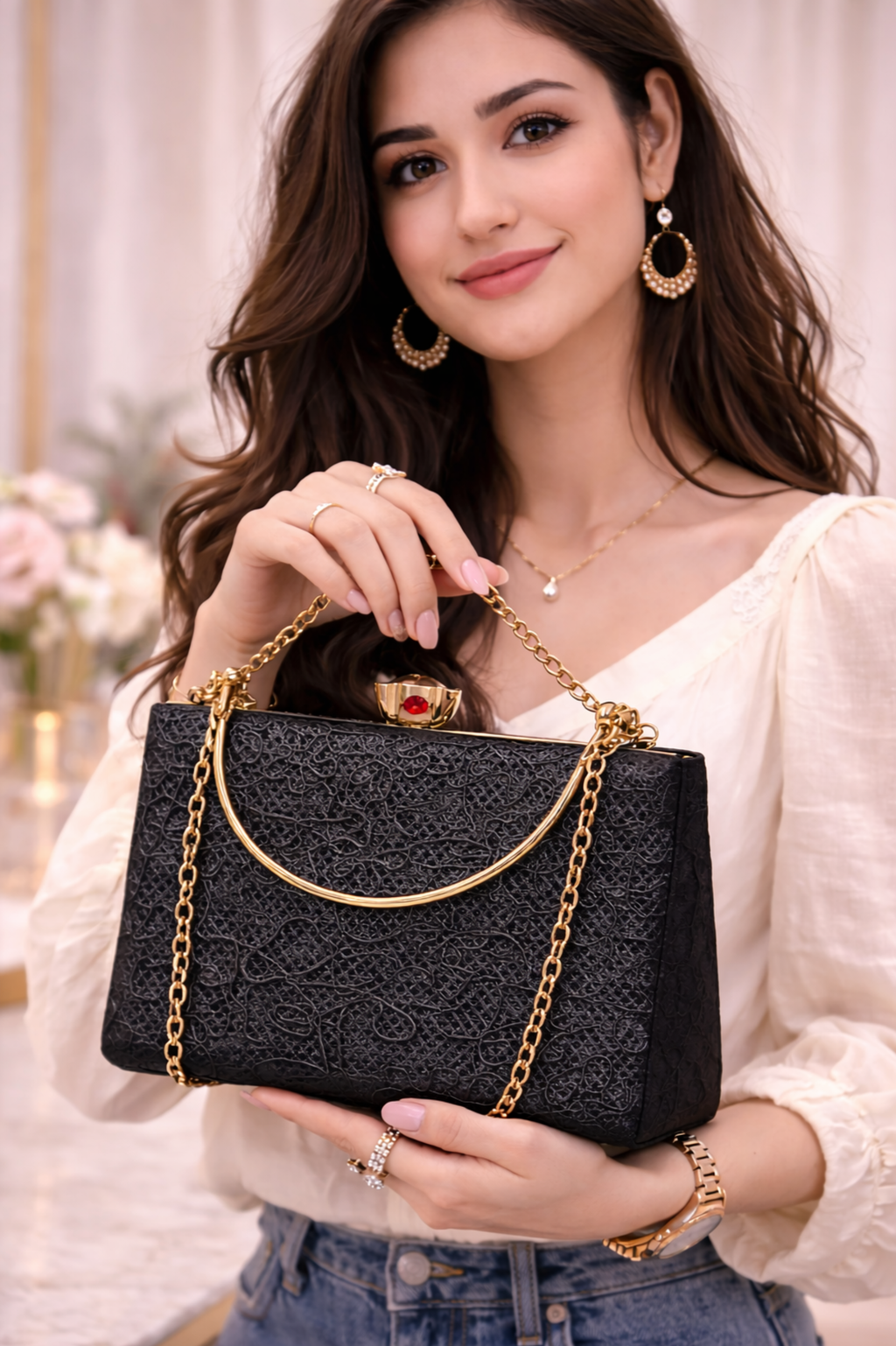 Women Black Embellished Box Clutch with Gold Chain Strap