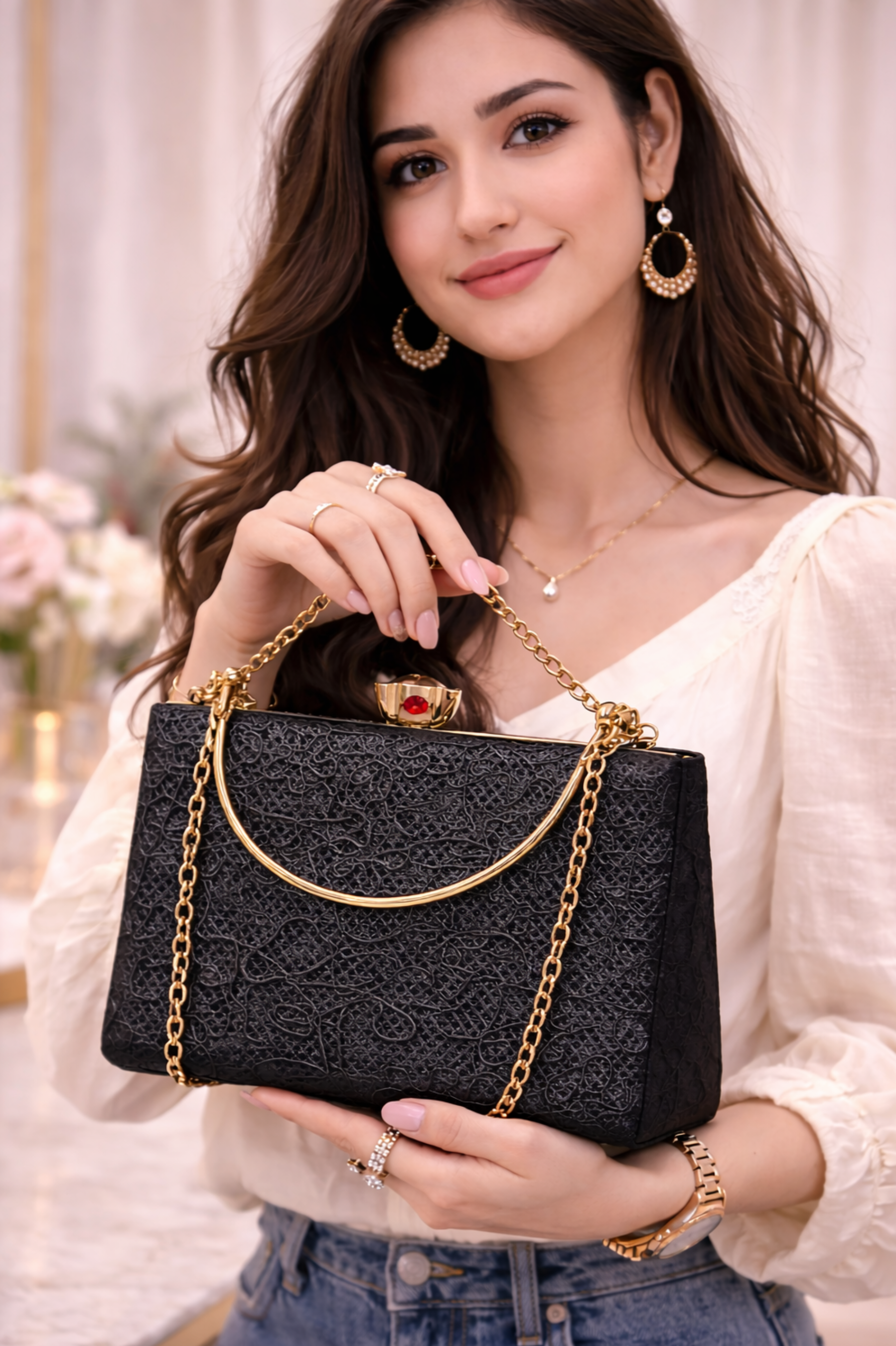 Women Black Embellished Box Clutch with Gold Chain Strap