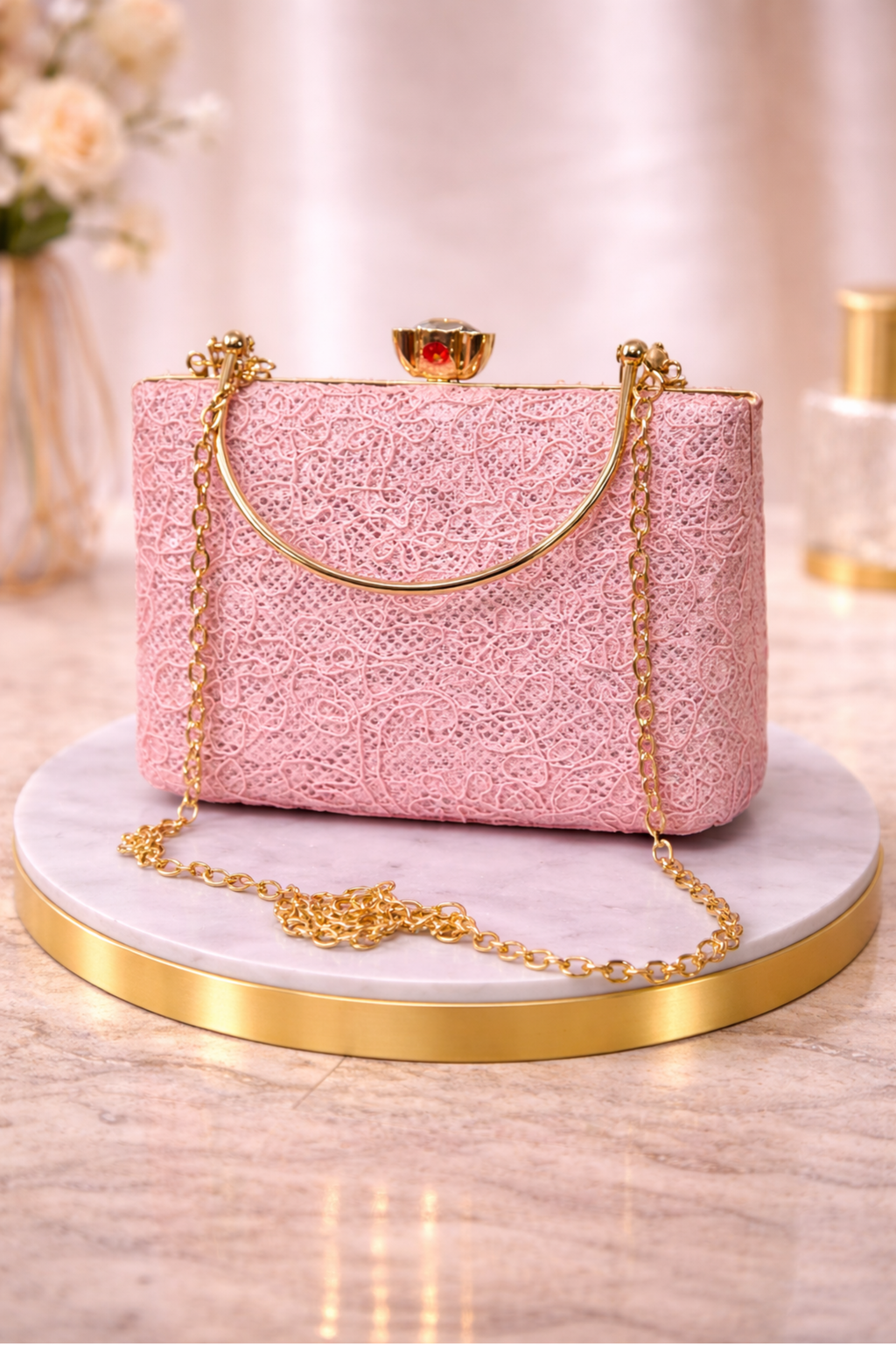 Women Pink Textured Box Clutch with Gold Chain Strap