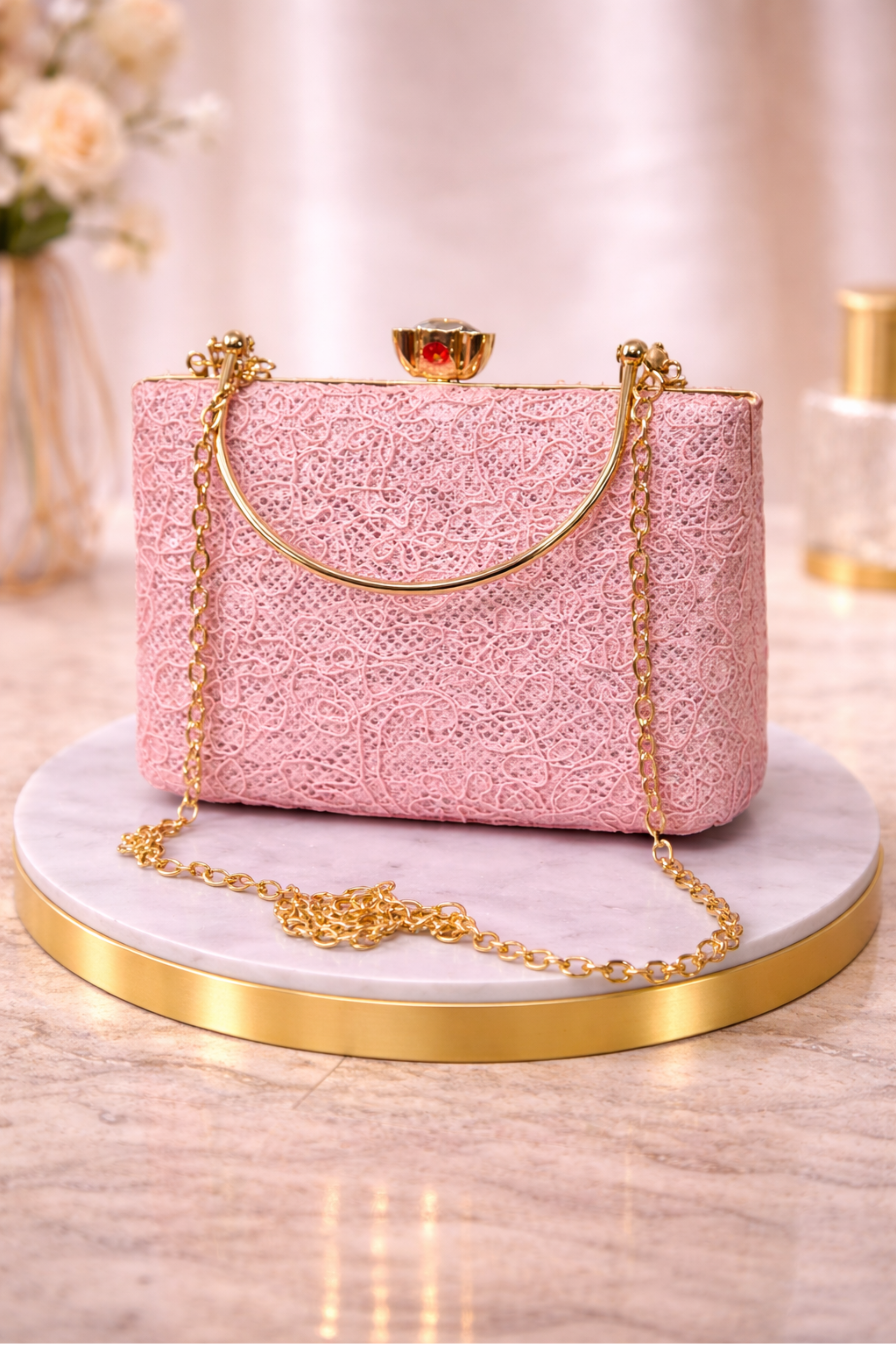 Women Pink Textured Box Clutch with Gold Chain Strap