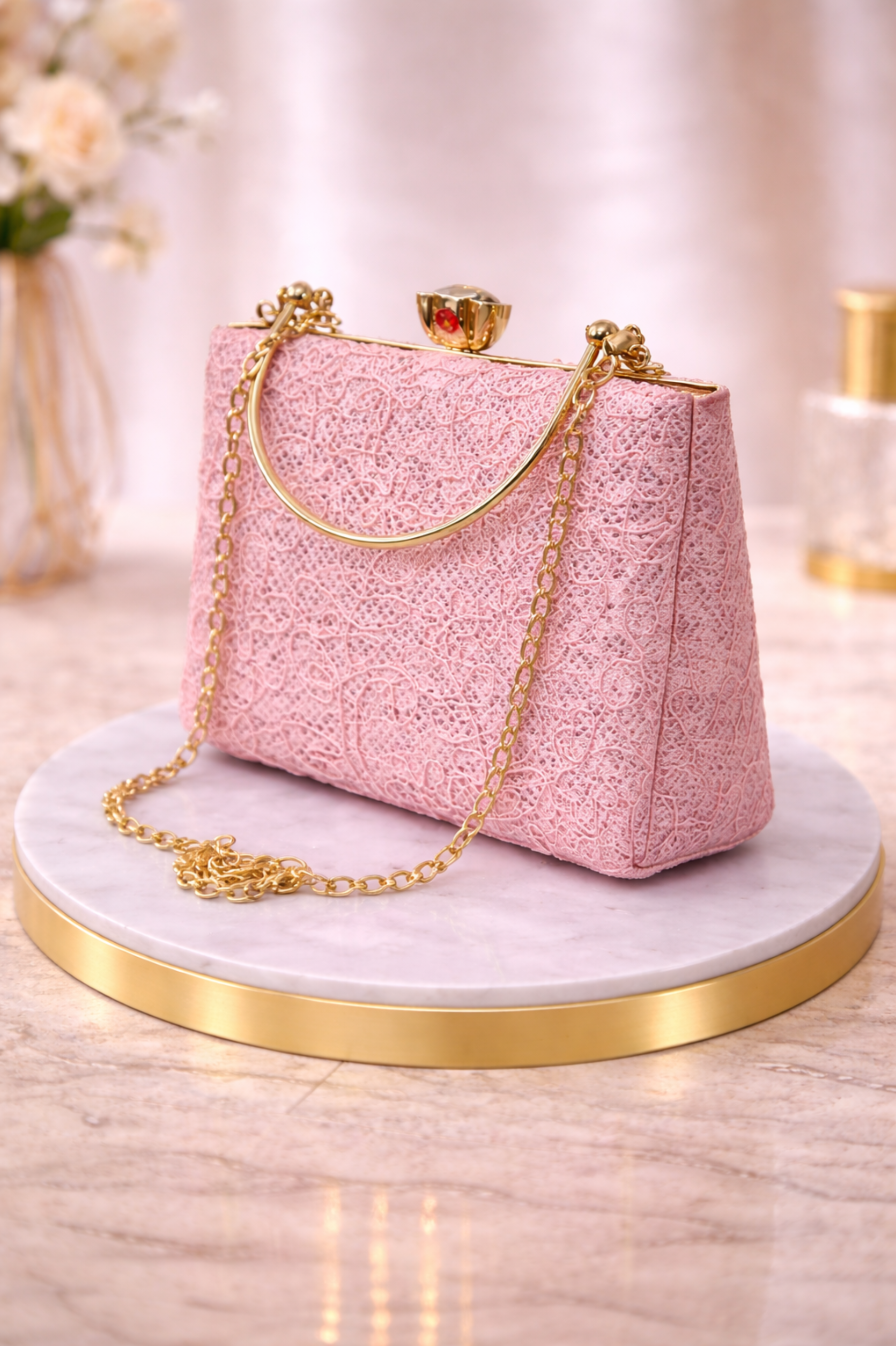 Women Pink Textured Box Clutch with Gold Chain Strap
