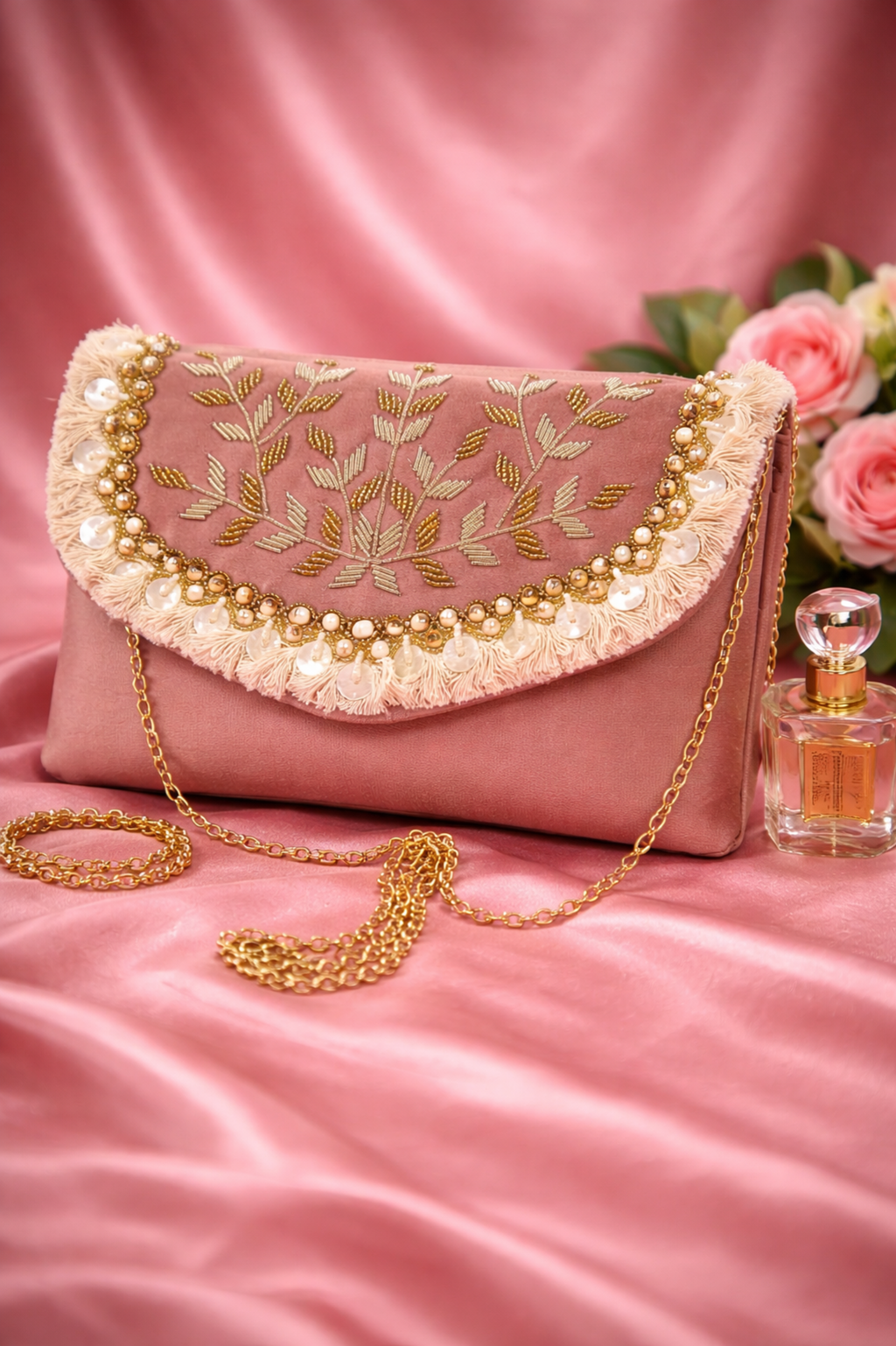 Women Dusty Rose Embroidered Party Clutch with Pearl Detailing