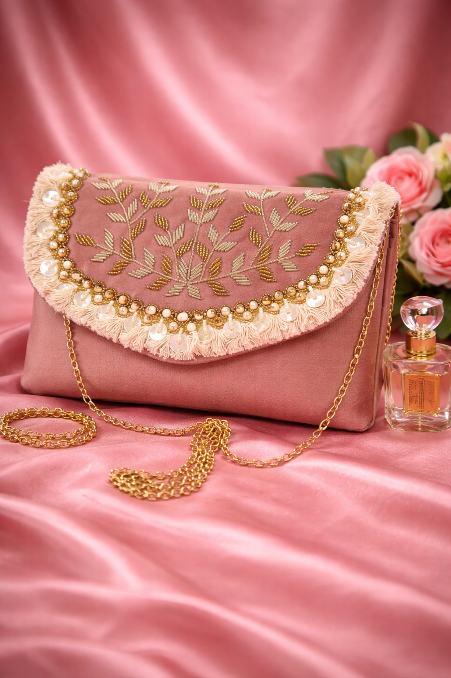 Women Dusty Rose Embroidered Party Clutch with Pearl Detailing