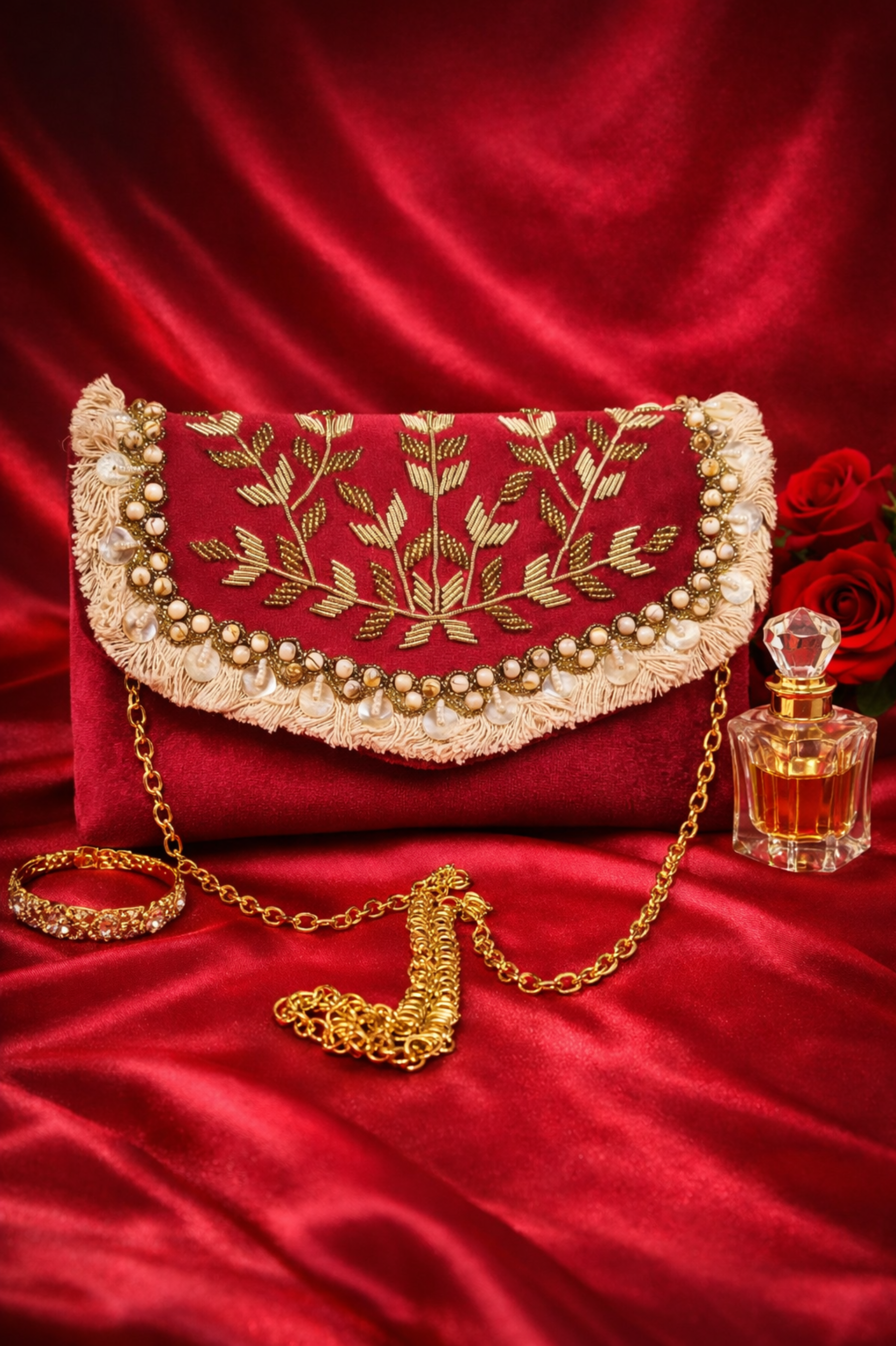Women Red Embroidered Party Clutch with Pearl Detailing