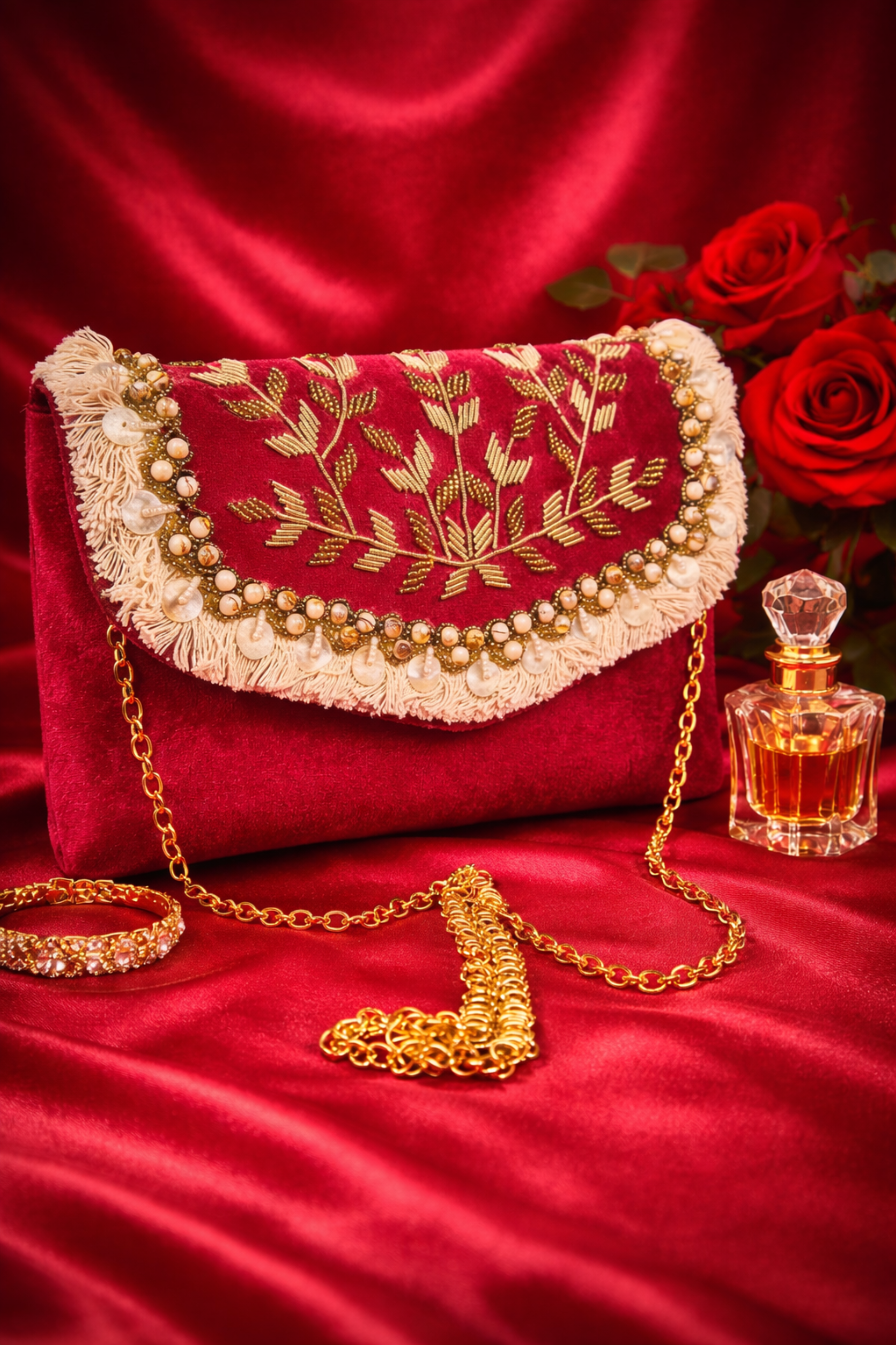 Women Red Embroidered Party Clutch with Pearl Detailing