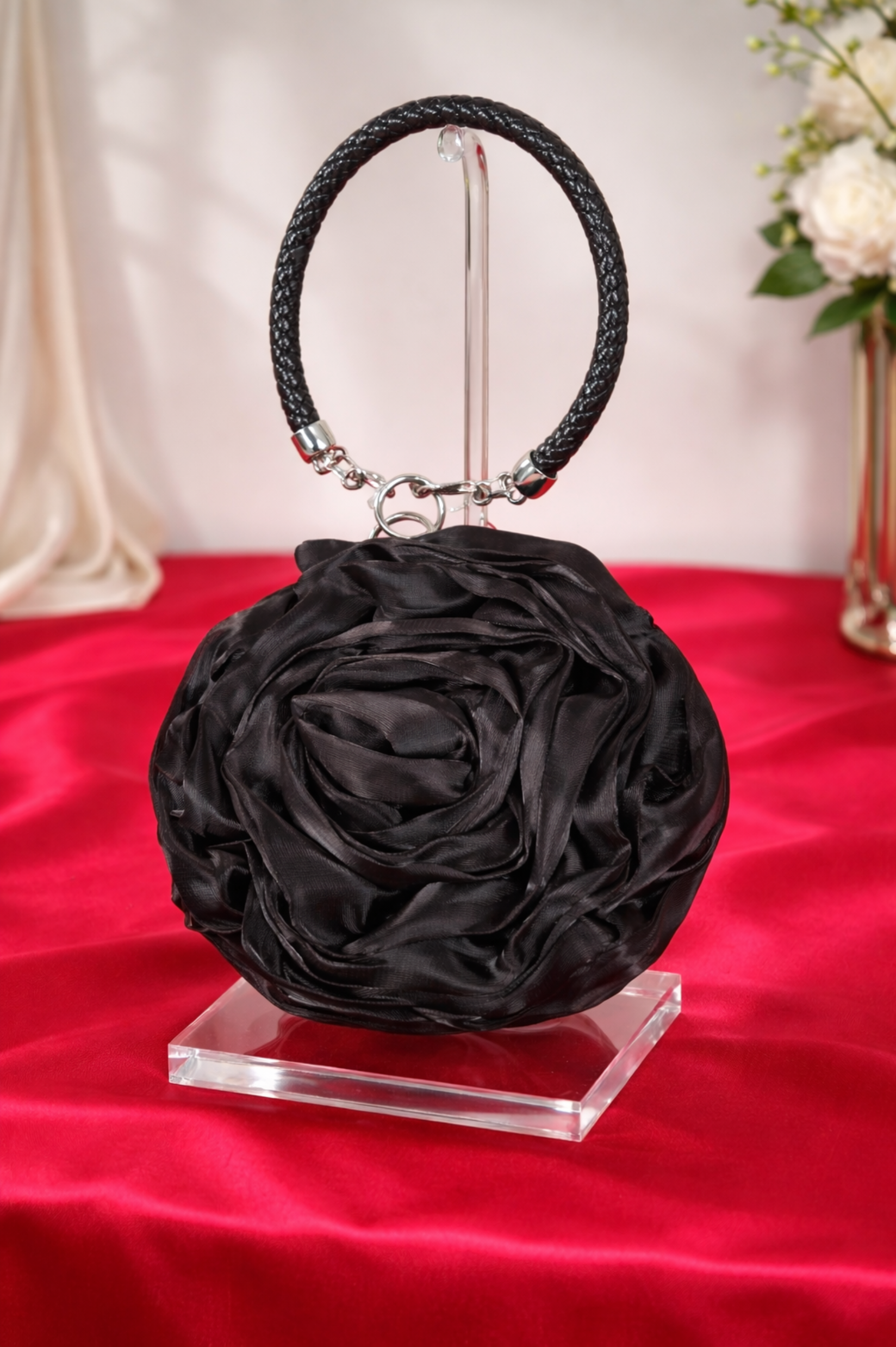 Baby Pink Satin Rose Design Party Potli Handbag