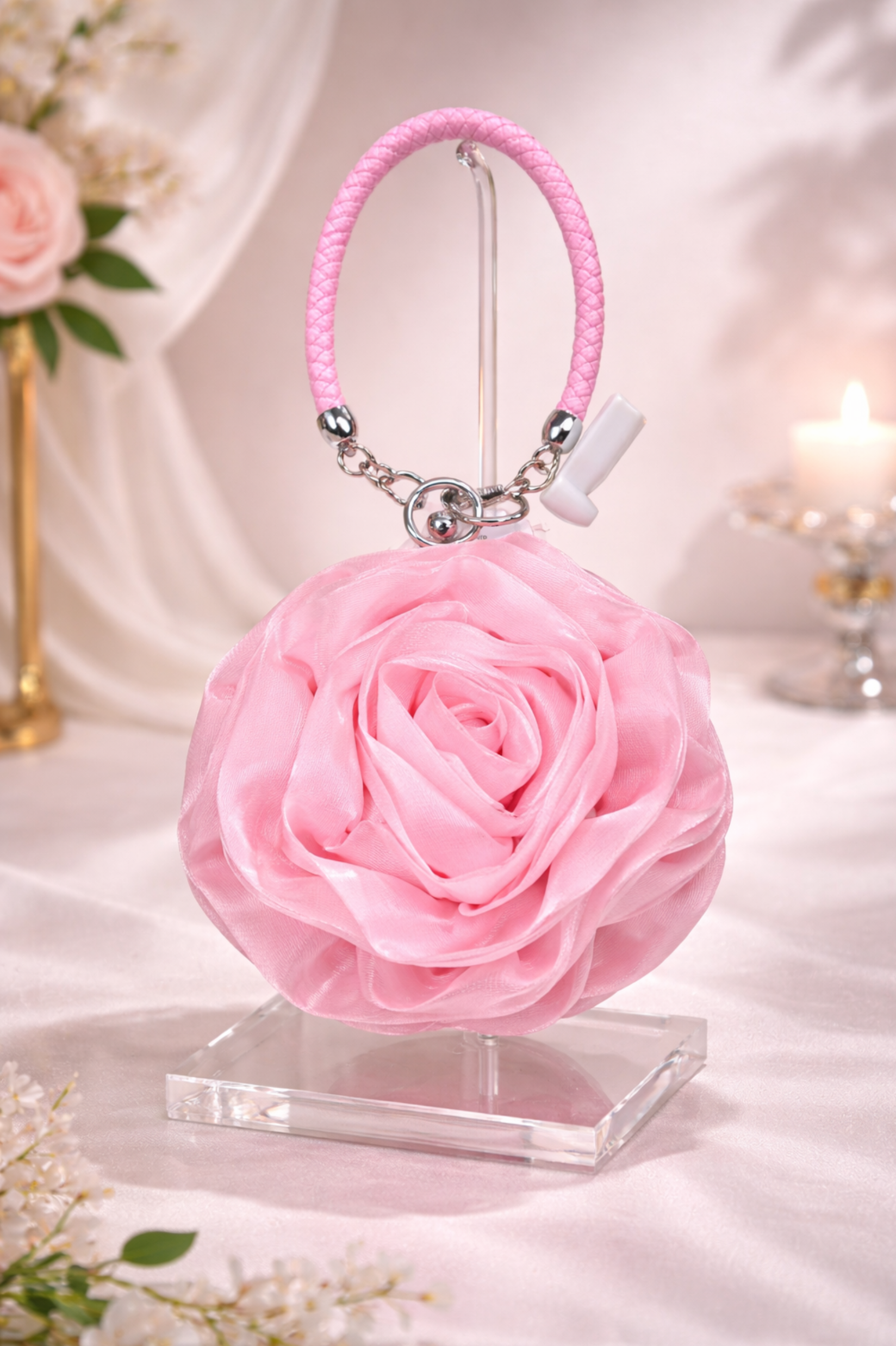 Baby Pink Satin Rose Design Party Potli Handbag