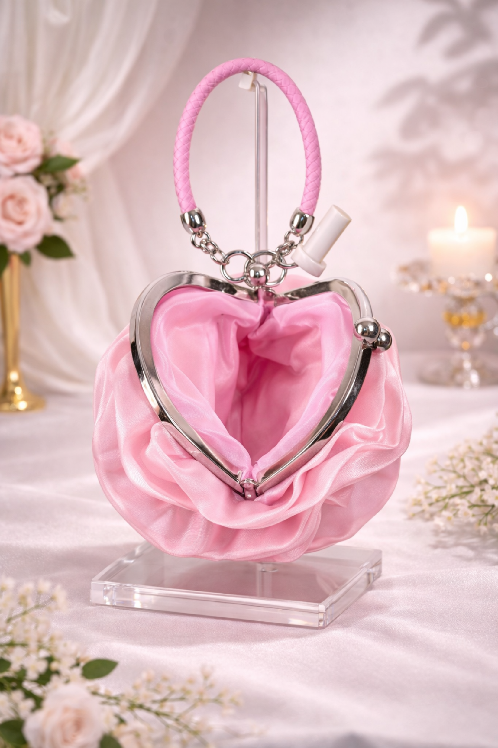 Baby Pink Satin Rose Design Party Potli Handbag