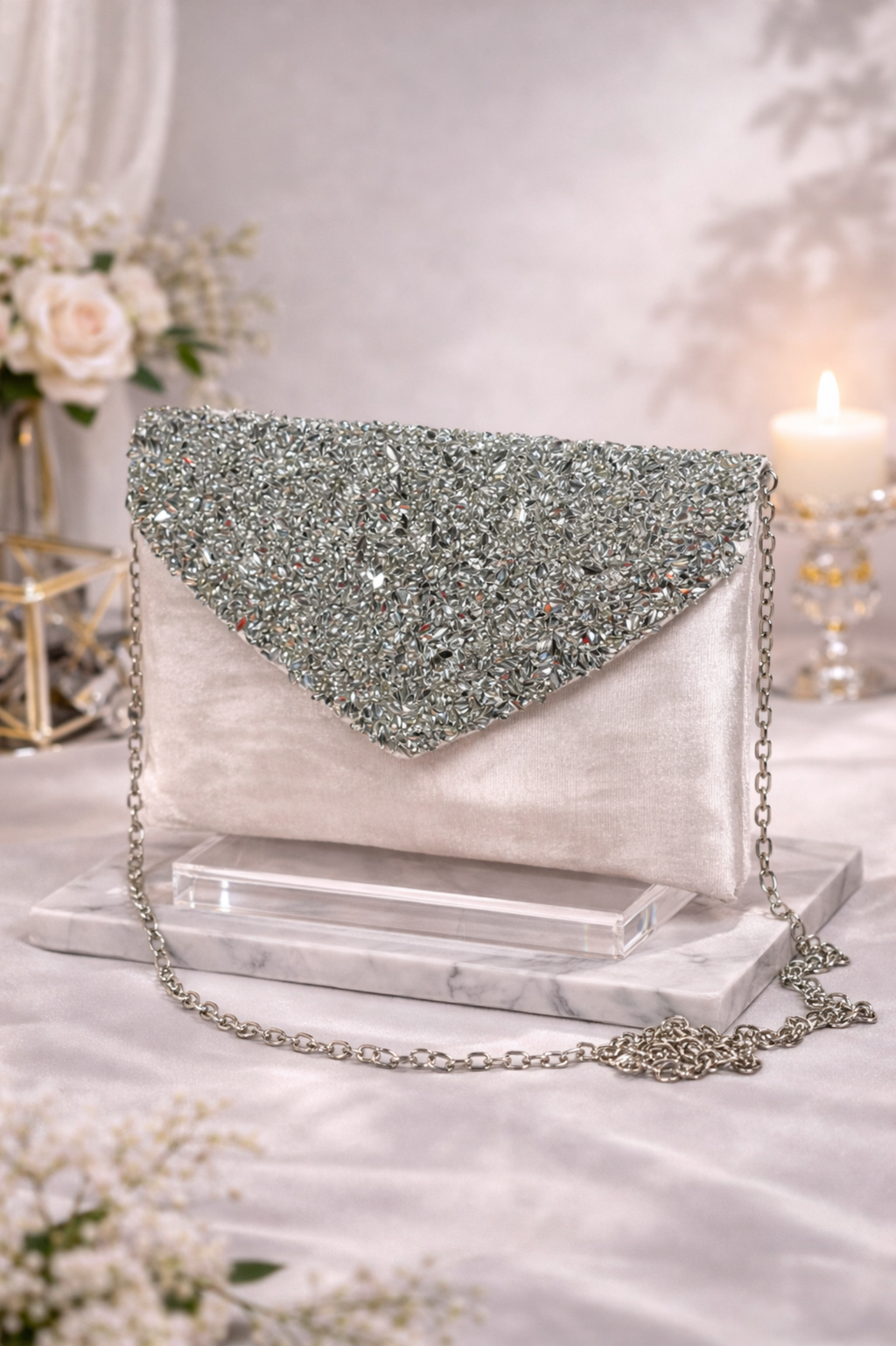 Women Champagne Embellished Envelope Clutch with Chain Strap