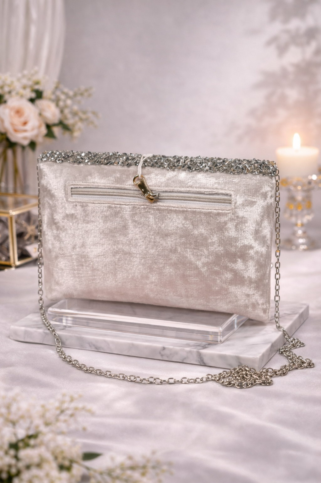 Women Champagne Embellished Envelope Clutch with Chain Strap