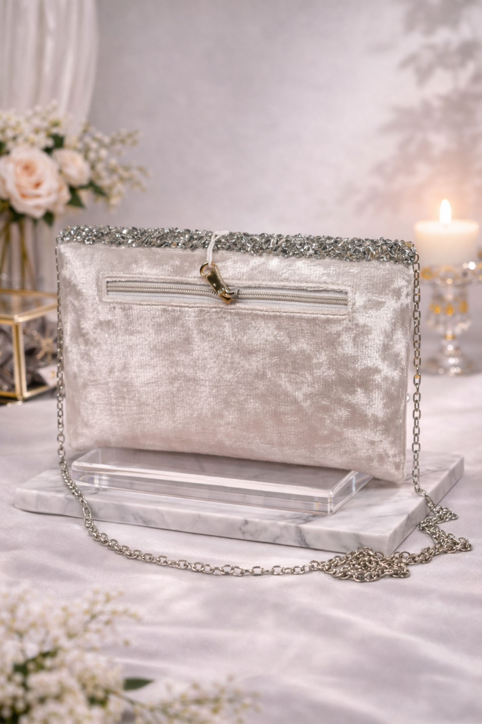 Women Champagne Embellished Envelope Clutch with Chain Strap