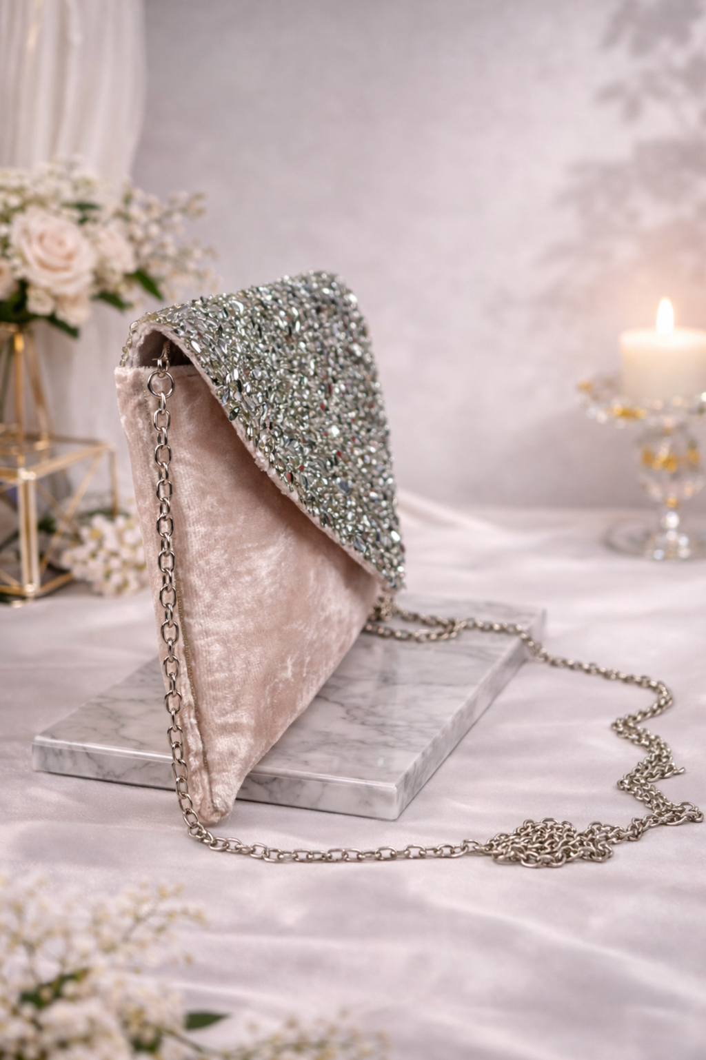 Women Champagne Embellished Envelope Clutch with Chain Strap