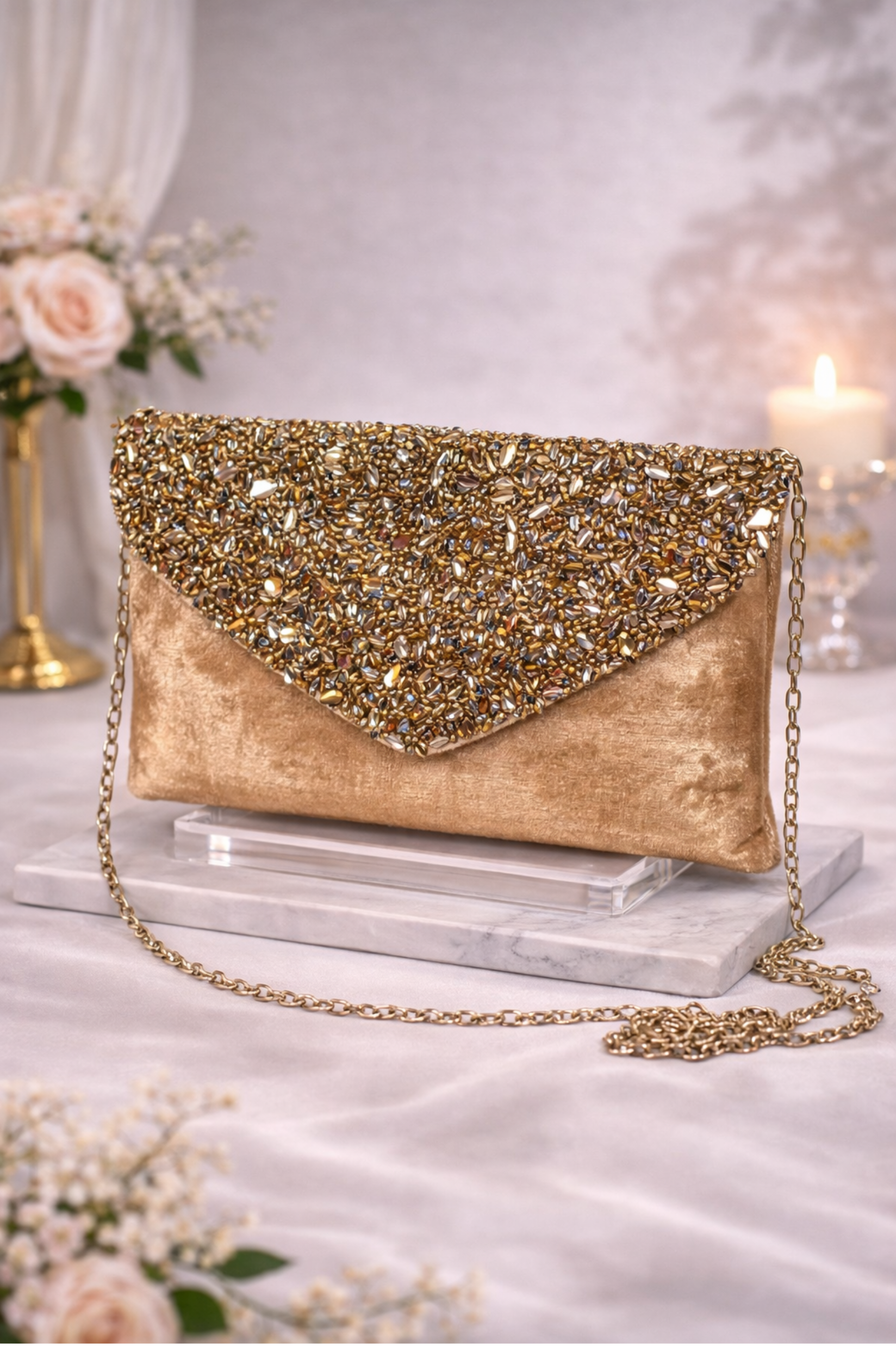 Women Gold Embellished Envelope Clutch with Velvet Finish