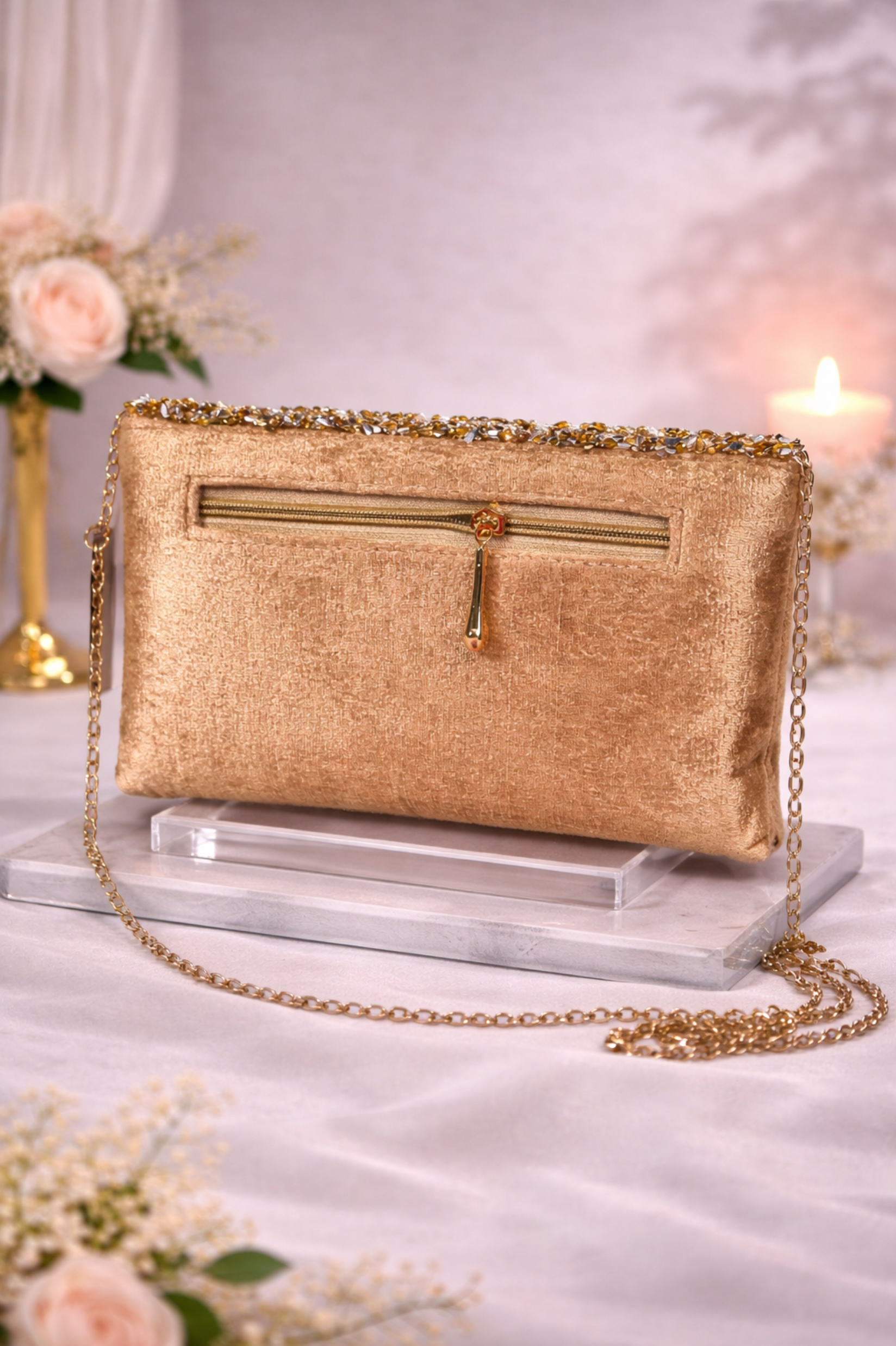 Women Gold Embellished Envelope Clutch with Velvet Finish
