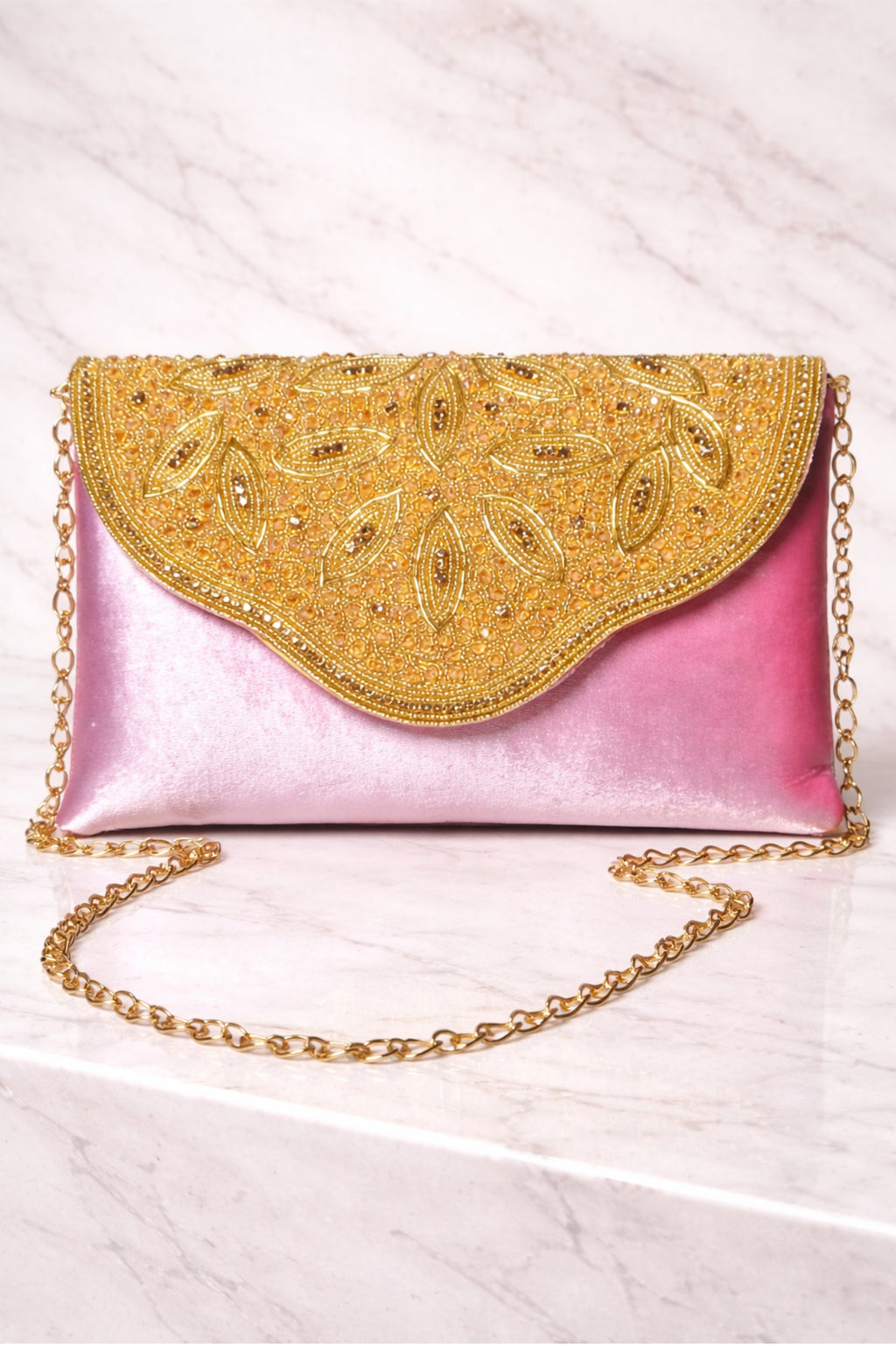 Blush Pink & Gold Embroidered Evening Clutch