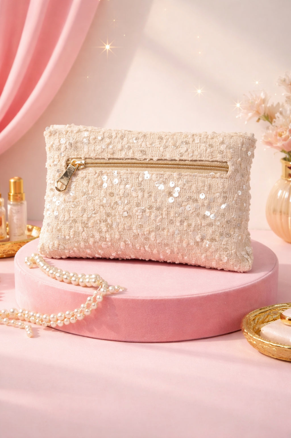 Luxury Cream Stone Studded Party Clutch with Gold Chain Strap