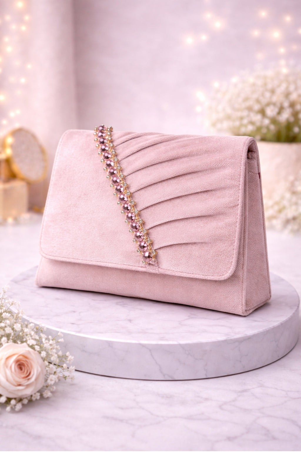 Women Blush Pink Embellished Pleated Clutch with Stone Detailing