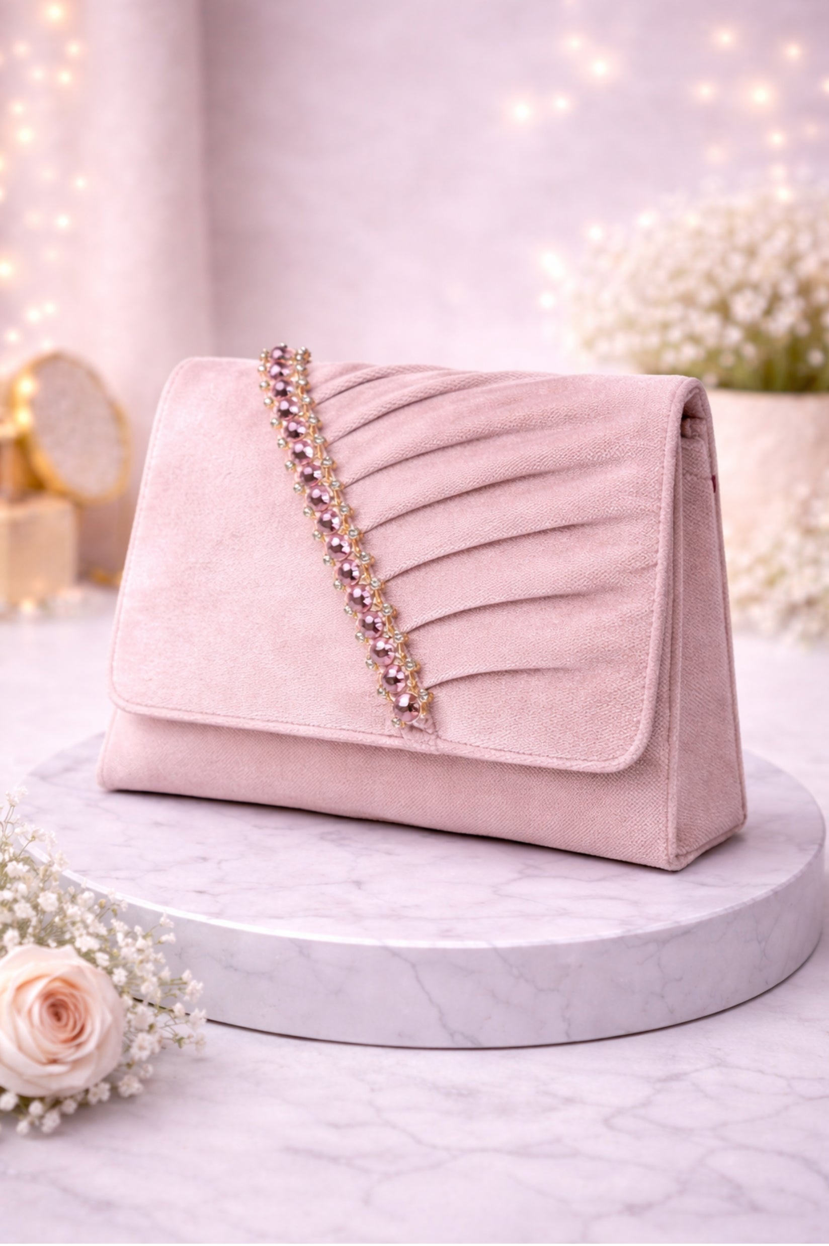 Women Blush Pink Embellished Pleated Clutch with Stone Detailing