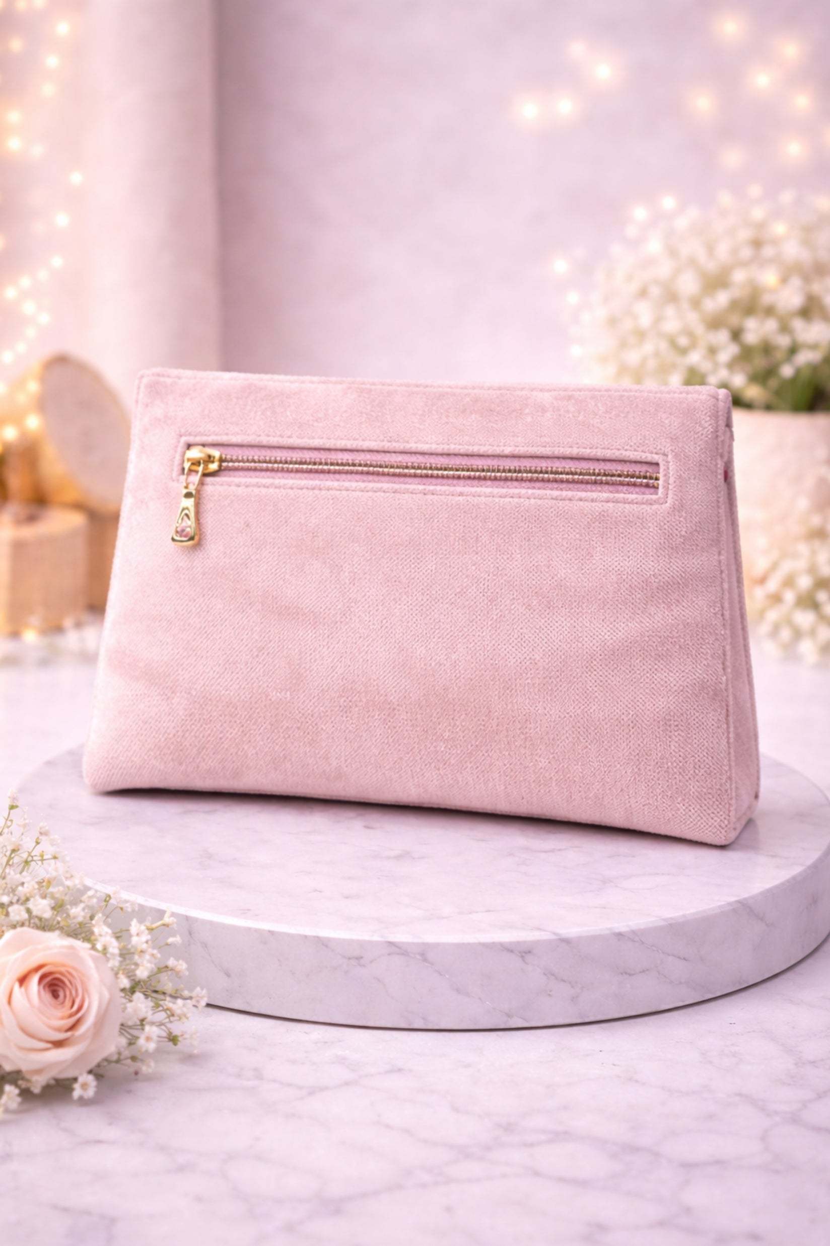 Women Blush Pink Embellished Pleated Clutch with Stone Detailing