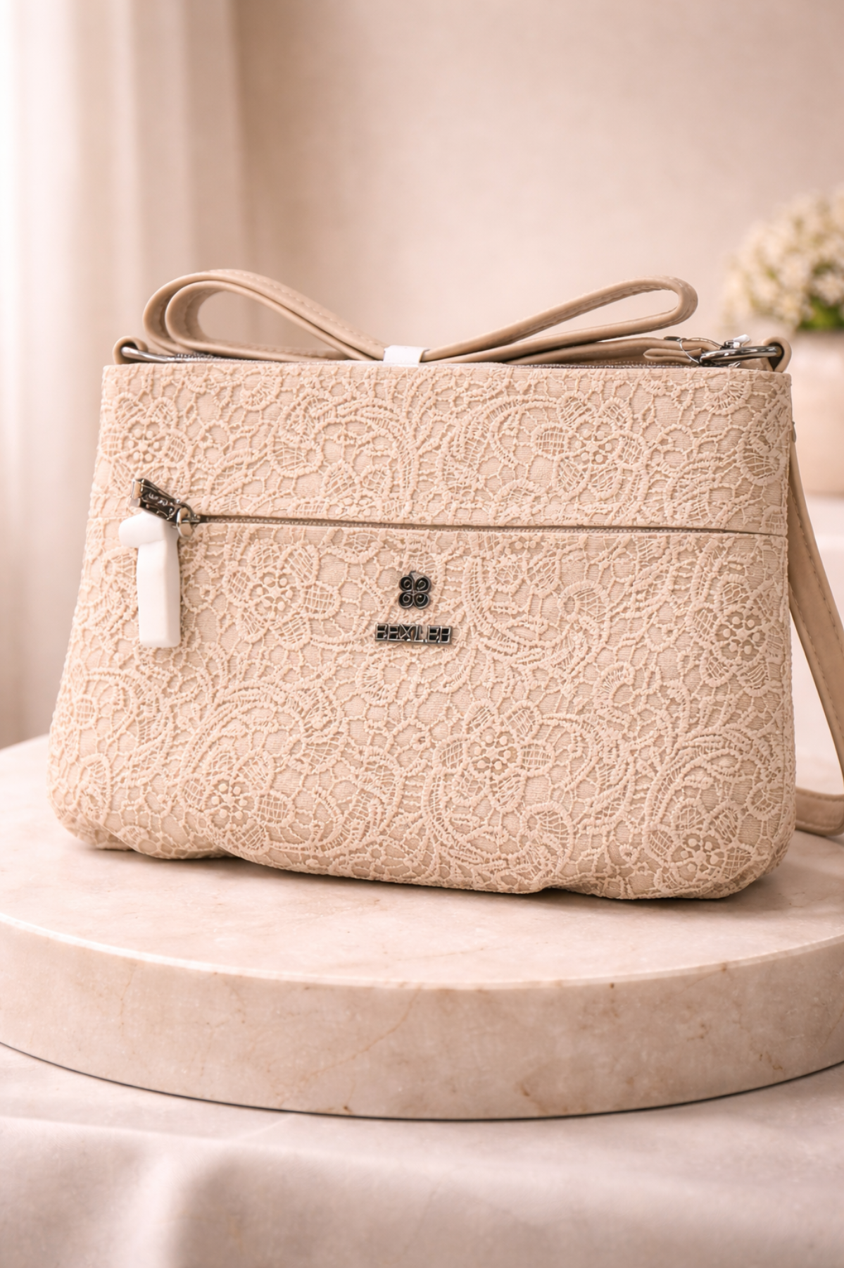 Women Beige Lace Textured Sling Bag with Zip Closure