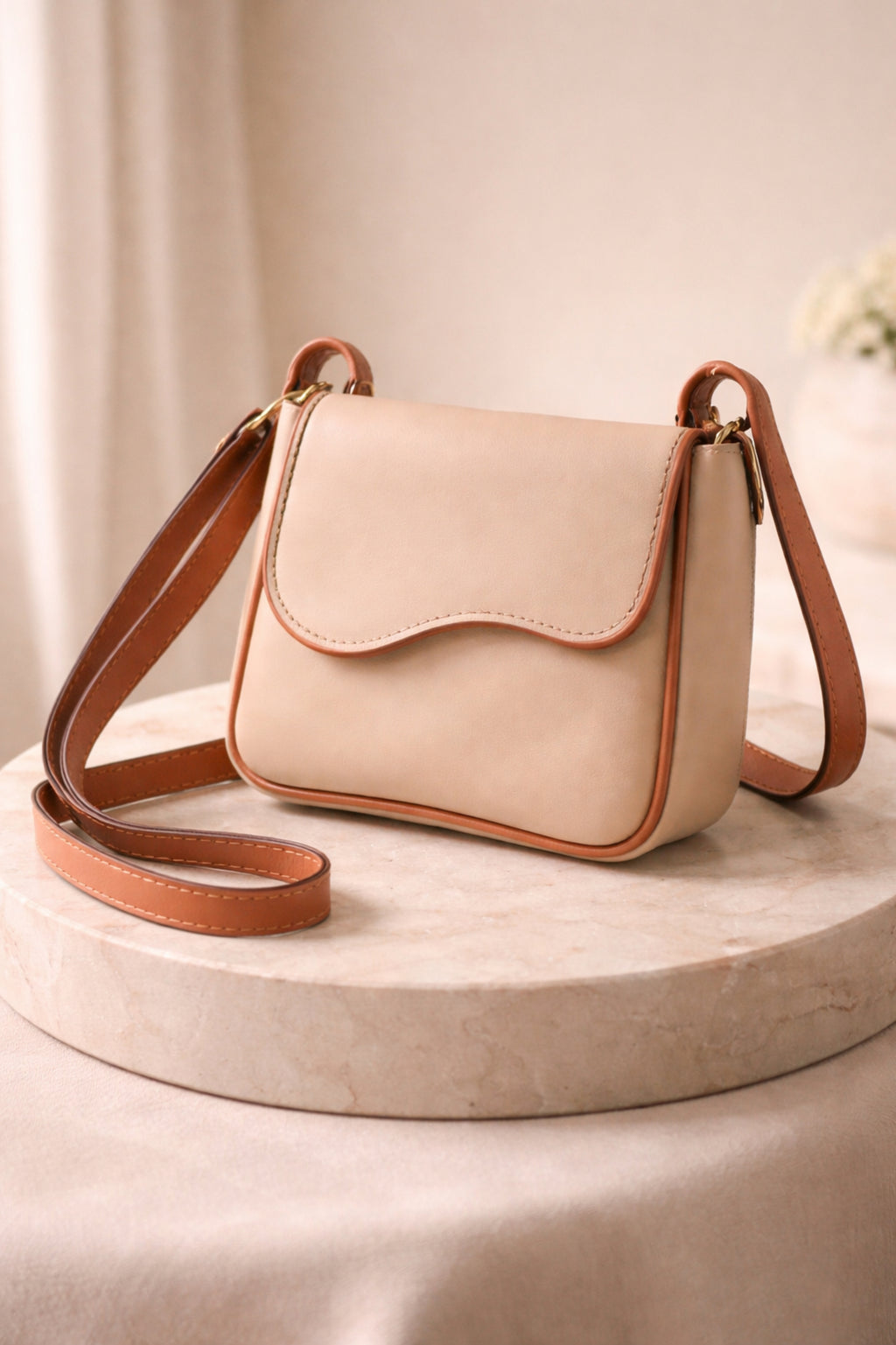 Women Beige Flap Closure Shoulder Sling Bag