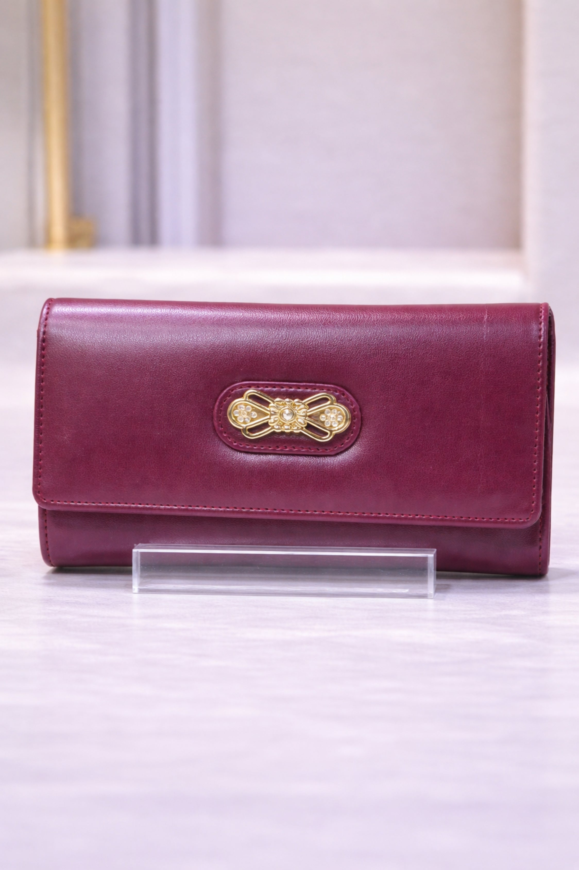 Women Burgundy Flap Wallet with Gold-Toned Bow Detail